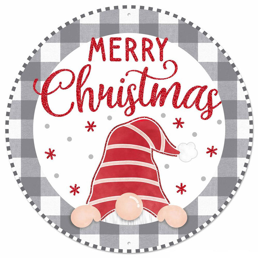 12" Metal Sign: Christmas Gnome Cool Grey Check Item Number: MD0773
