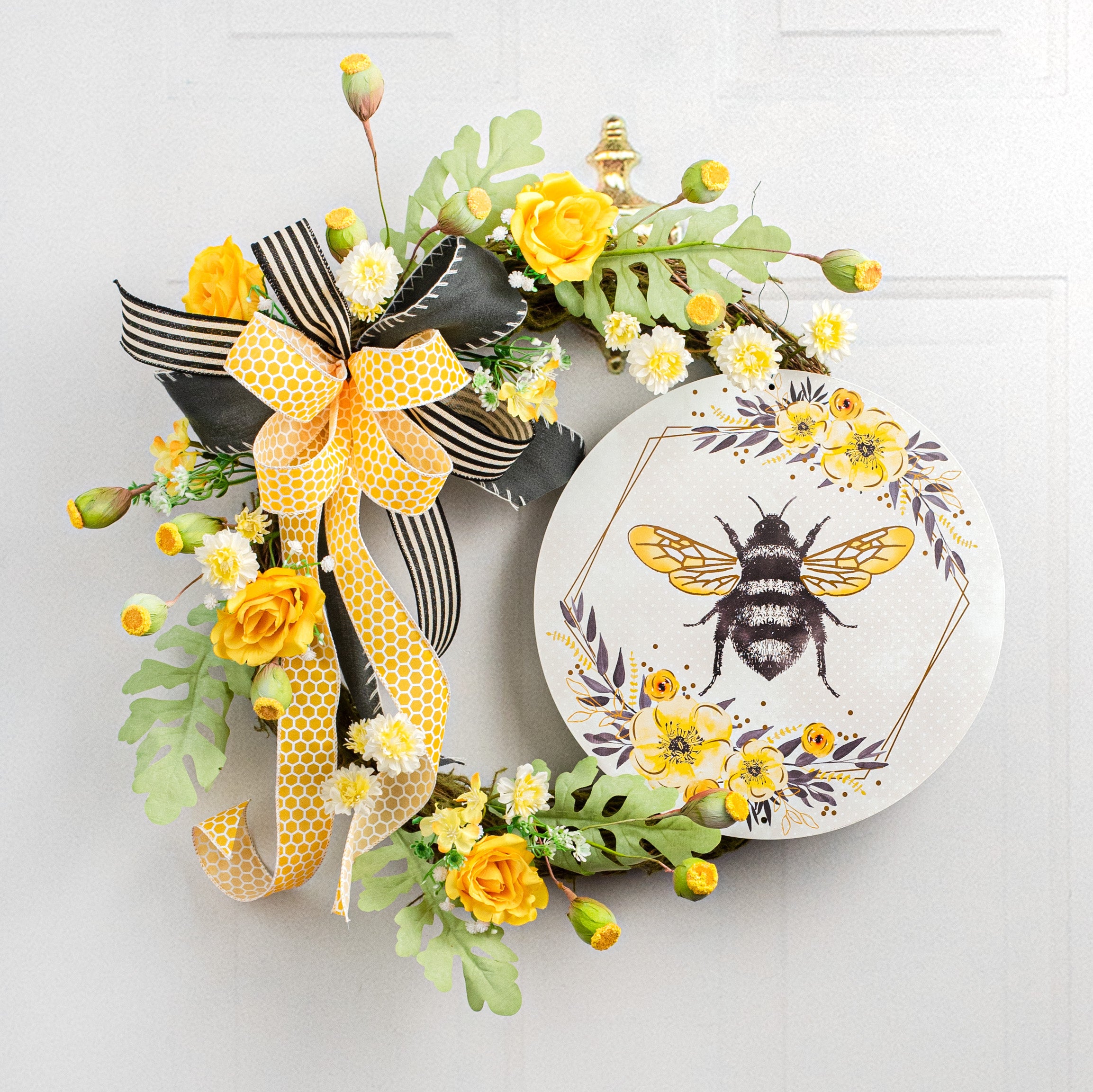 12" Metal Sign: Foil Bee with Florals Lifestyle Photo