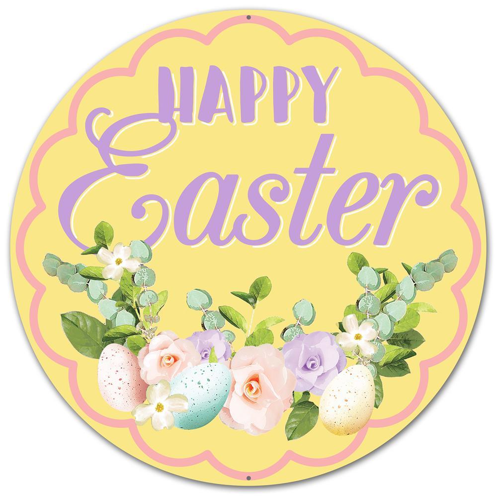 12" Metal Sign: Happy Easter With Eggs Item Number: MD0458