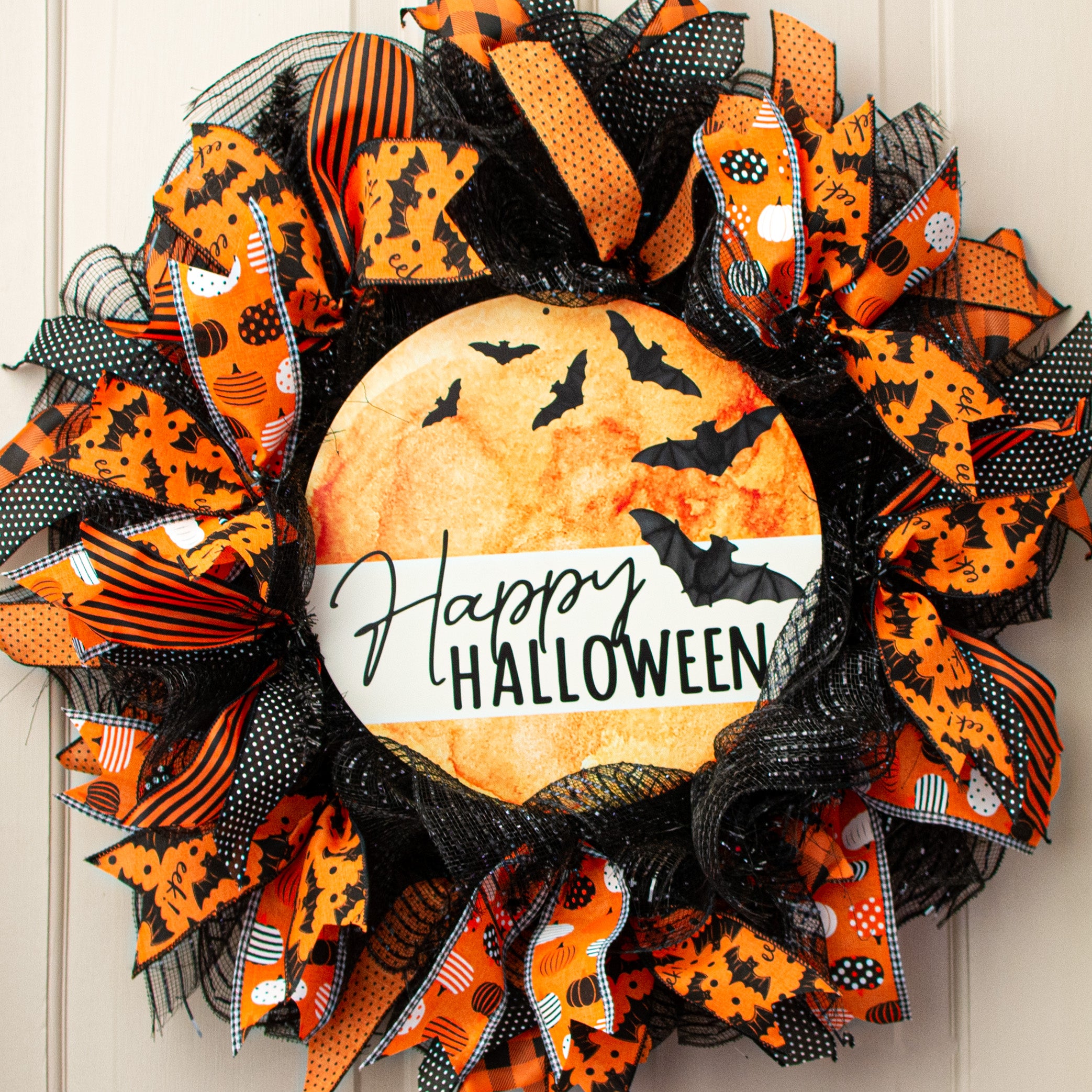 12" Metal Sign: Happy Halloween Bats in Moon Lifestyle Photo