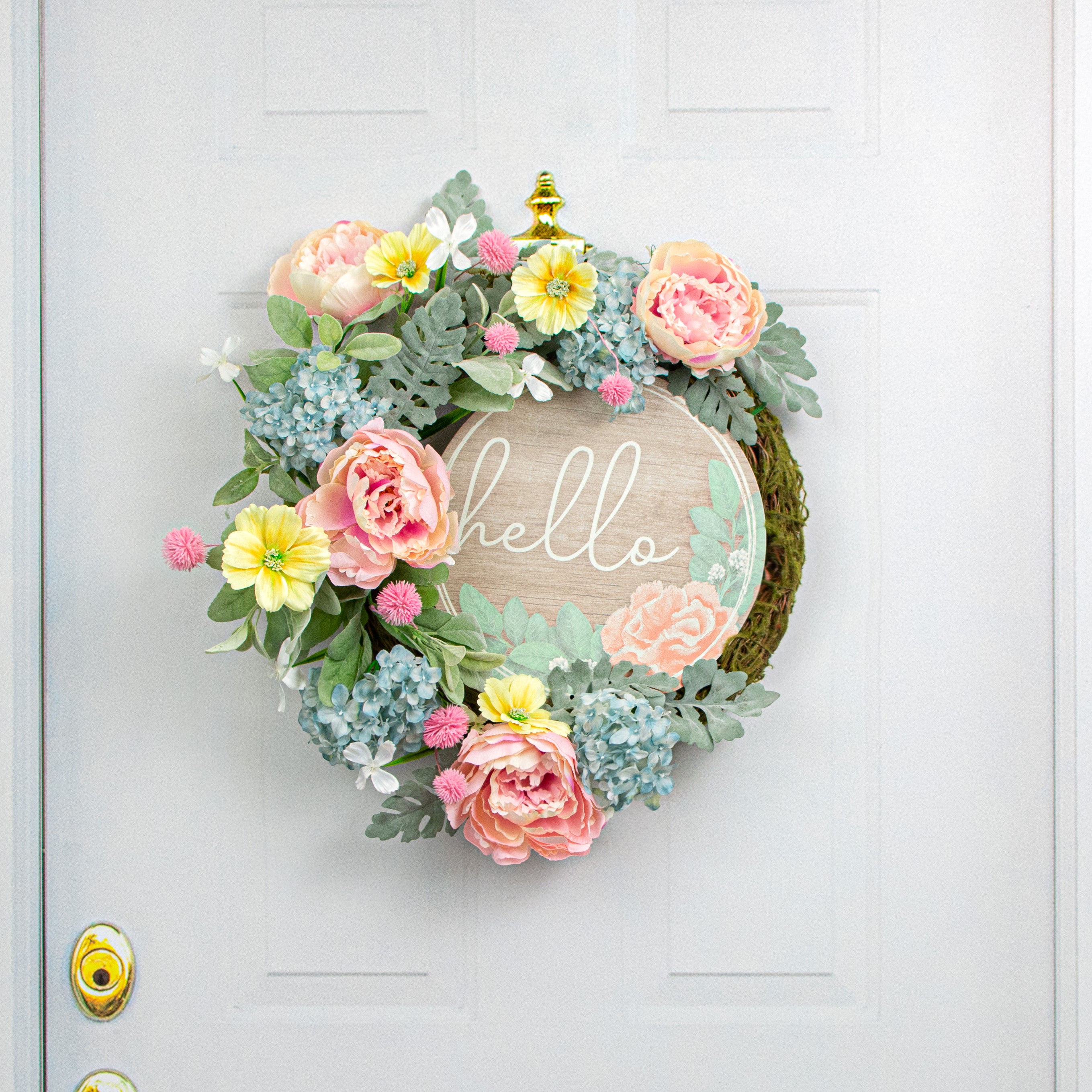 12" Metal Sign: Hello Sage & Pink Floral on Faux Wood Lifestyle Photo