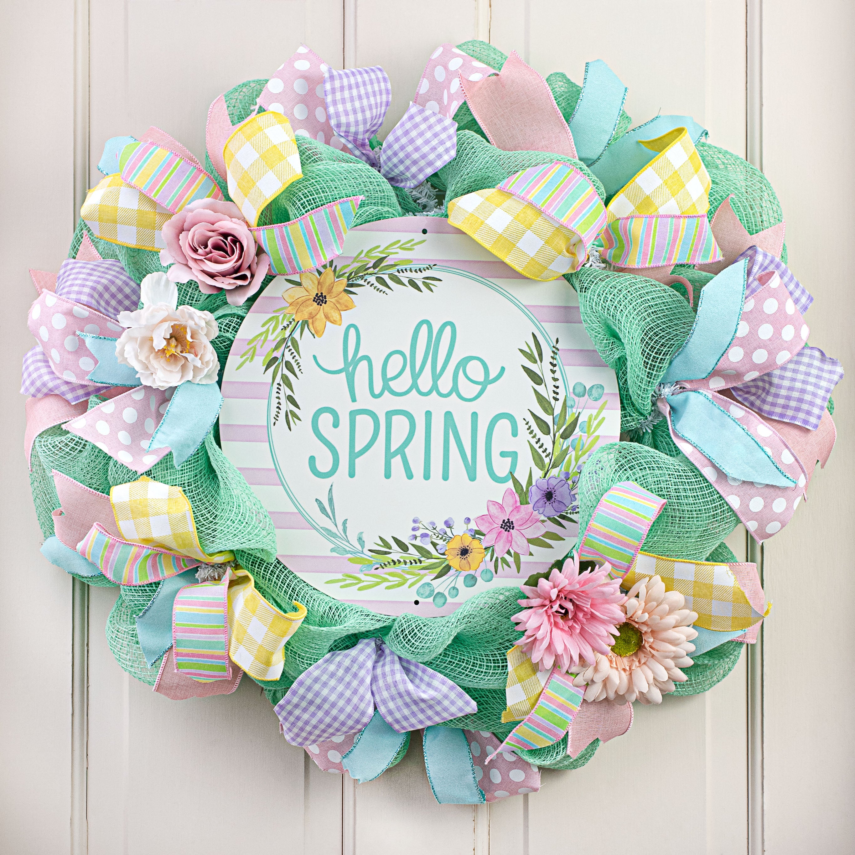 12" Metal Sign: Hello Spring Floral Wreath Lifestyle Photo