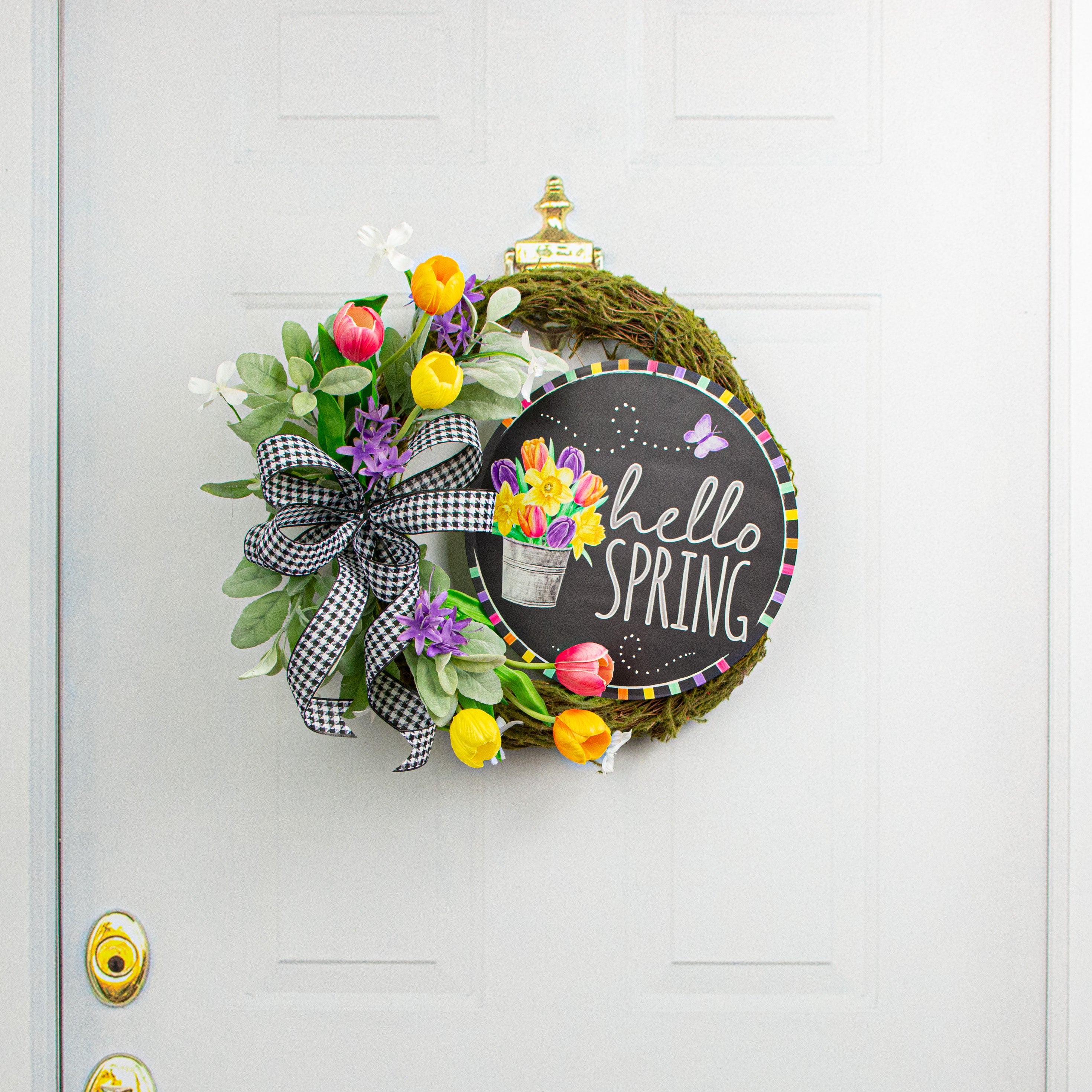 12" Metal Sign: Hello Spring Tulip Bucket Lifestyle Photo