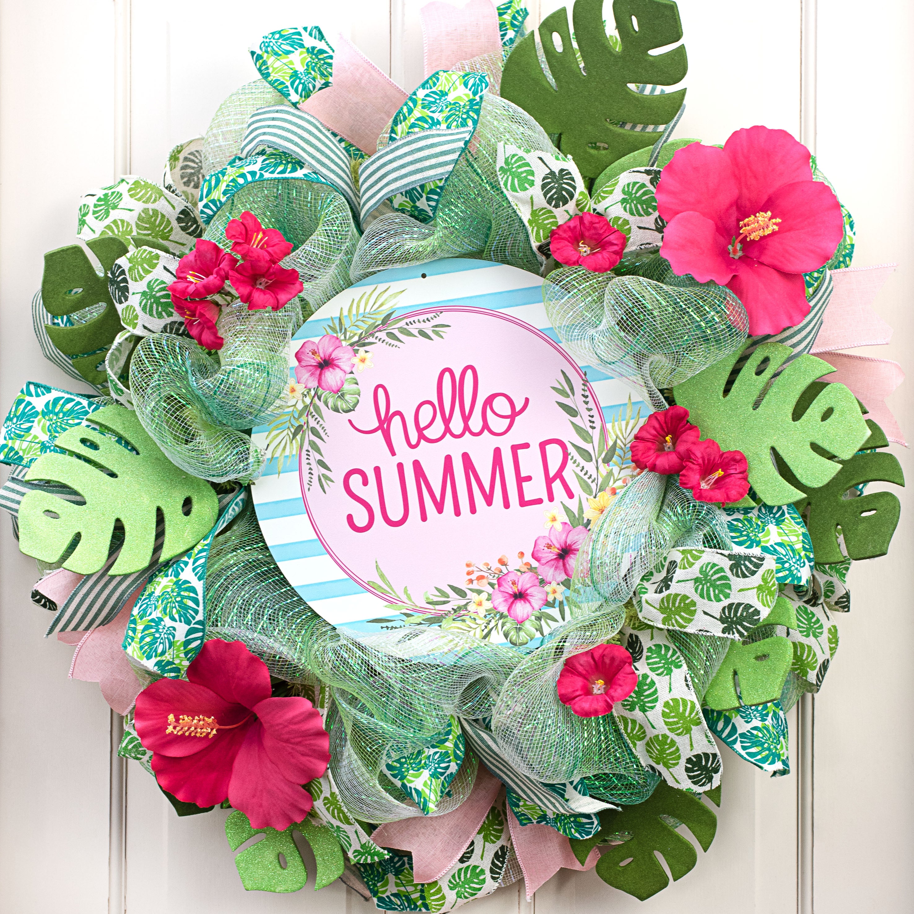 12" Metal Sign: Hello Summer & Tropical Leaves Lifestyle Photo