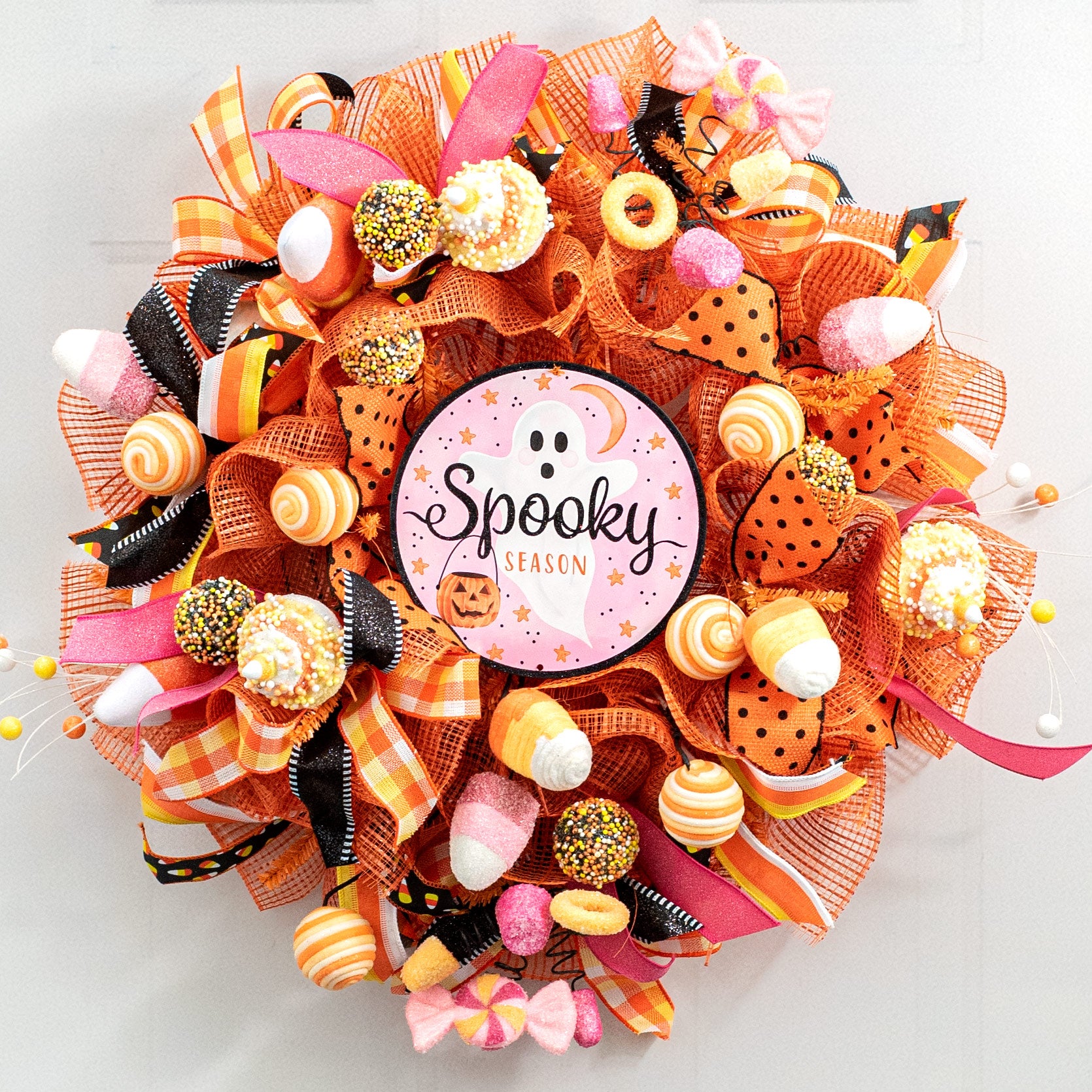 8" Metal Sign: Pink & Orange Spooky Ghost Lifestyle Photo