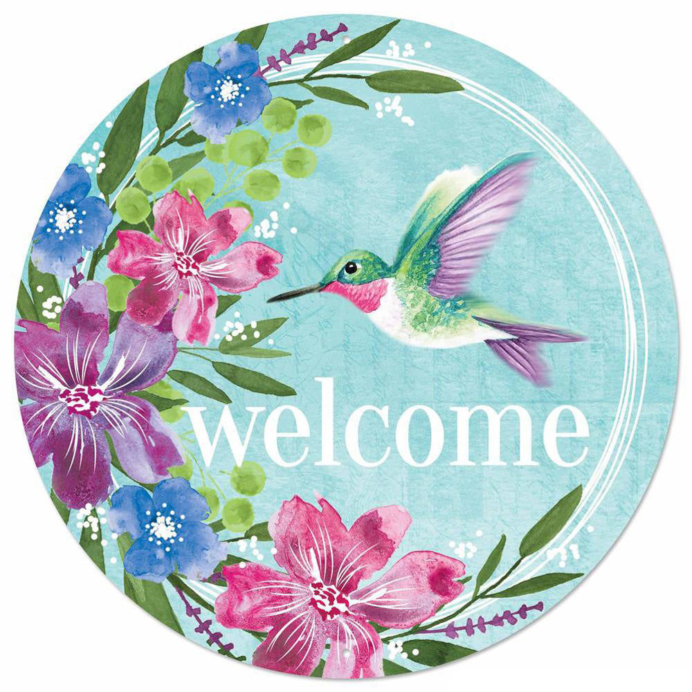 12" Metal Sign: Welcome Hummingbird Florals Item Number: MD1086