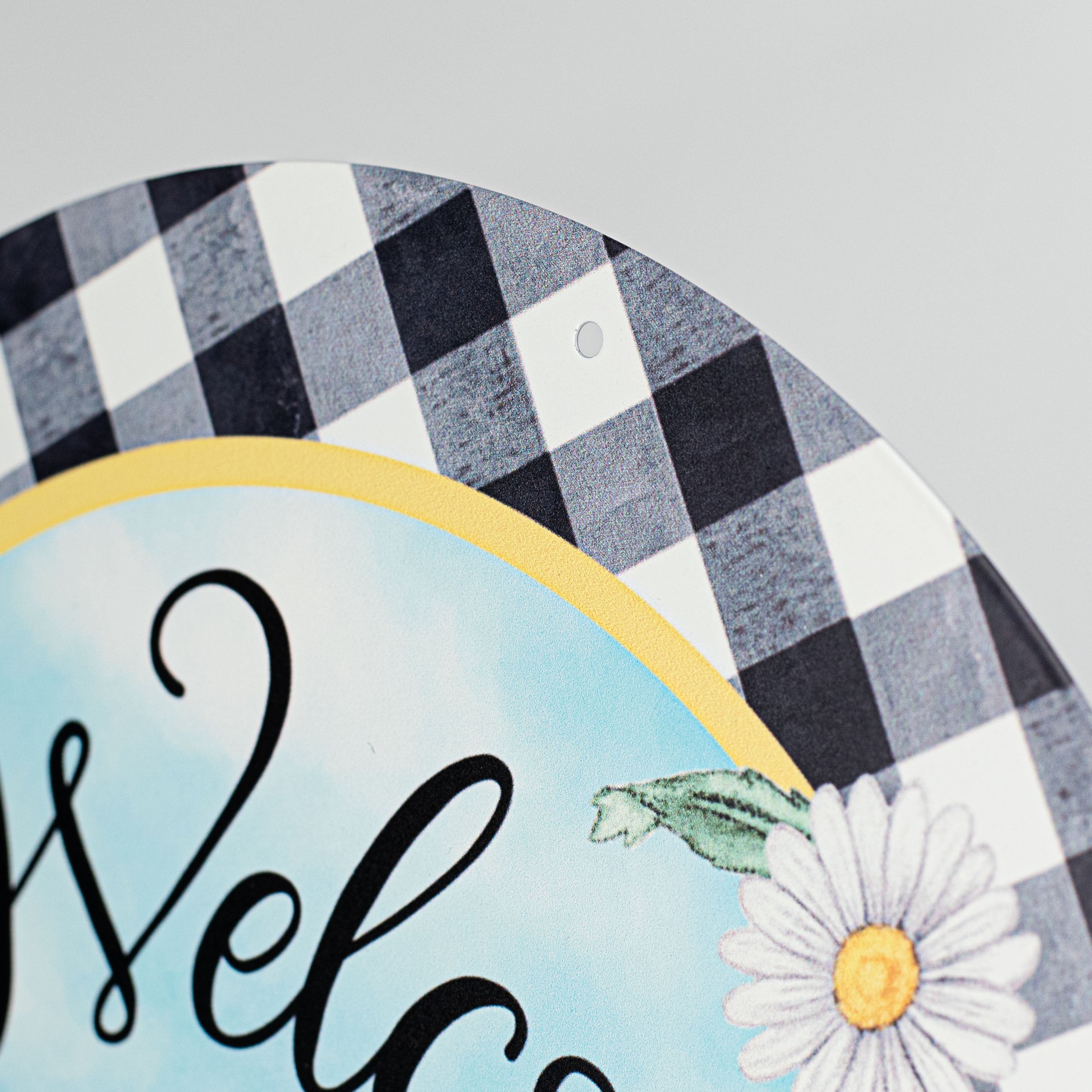 12" Metal Sign: Welcome Wheelbarrow Daisies on Gingham detail photo 3