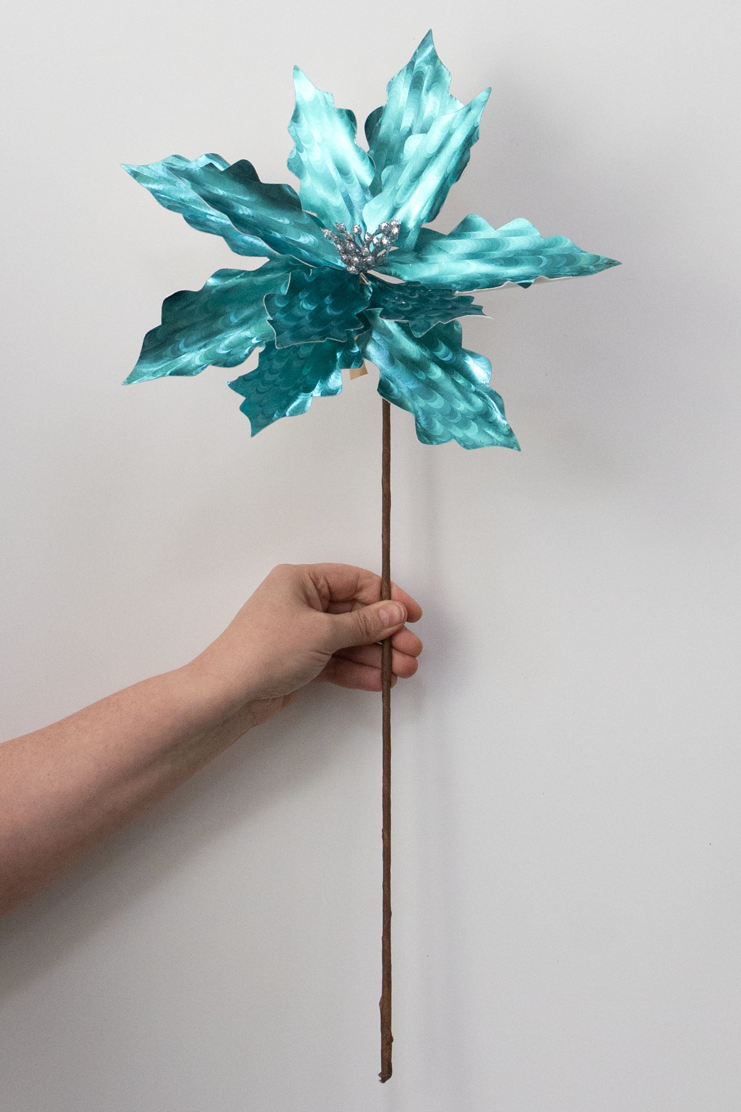 12" x 25" Metallic Cascade Poinsettia Pick: Ice Blue detail photo 3
