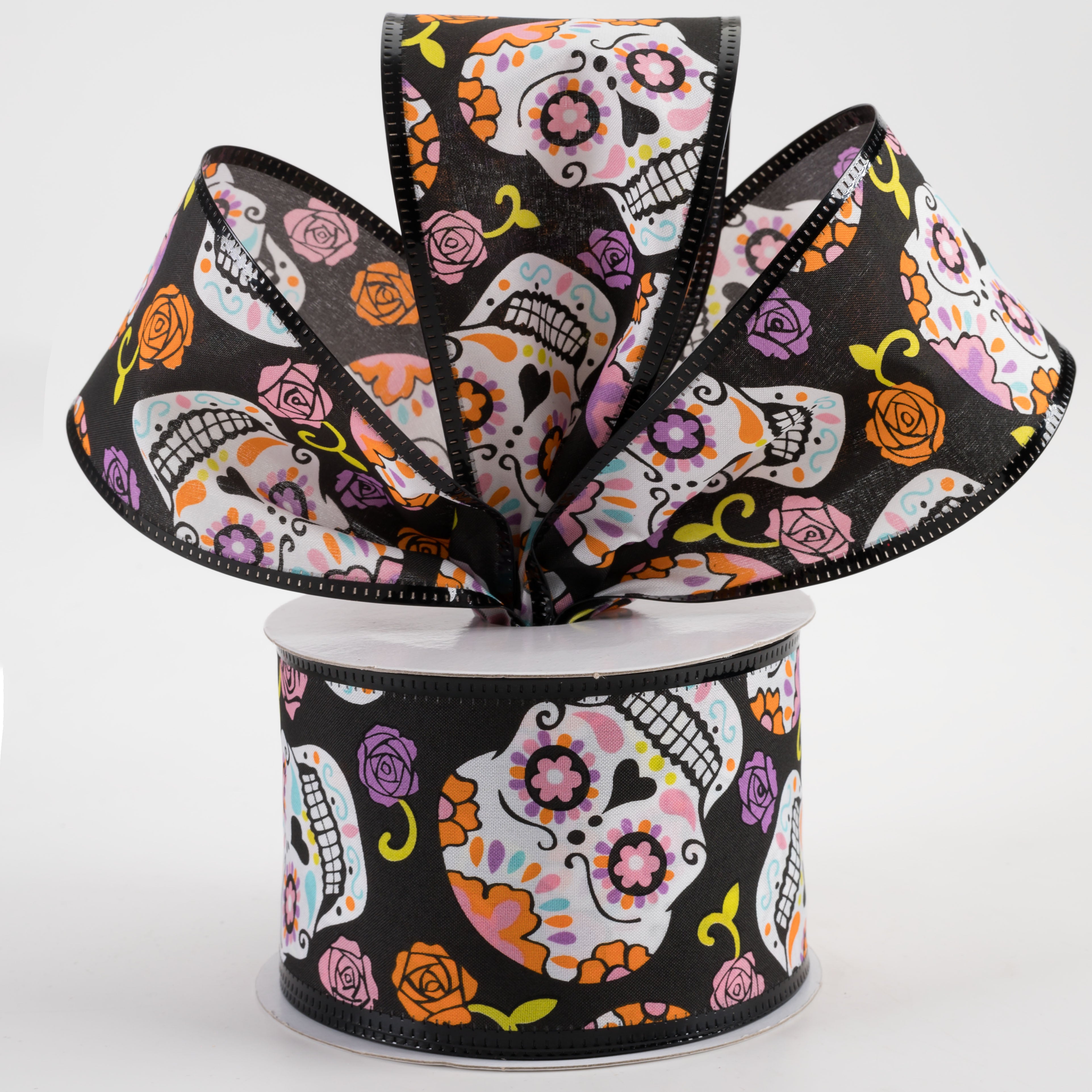 2.5" Metallic Edge Day of the Dead Skull Ribbon: Black (10 Yards) Lifestyle Photo