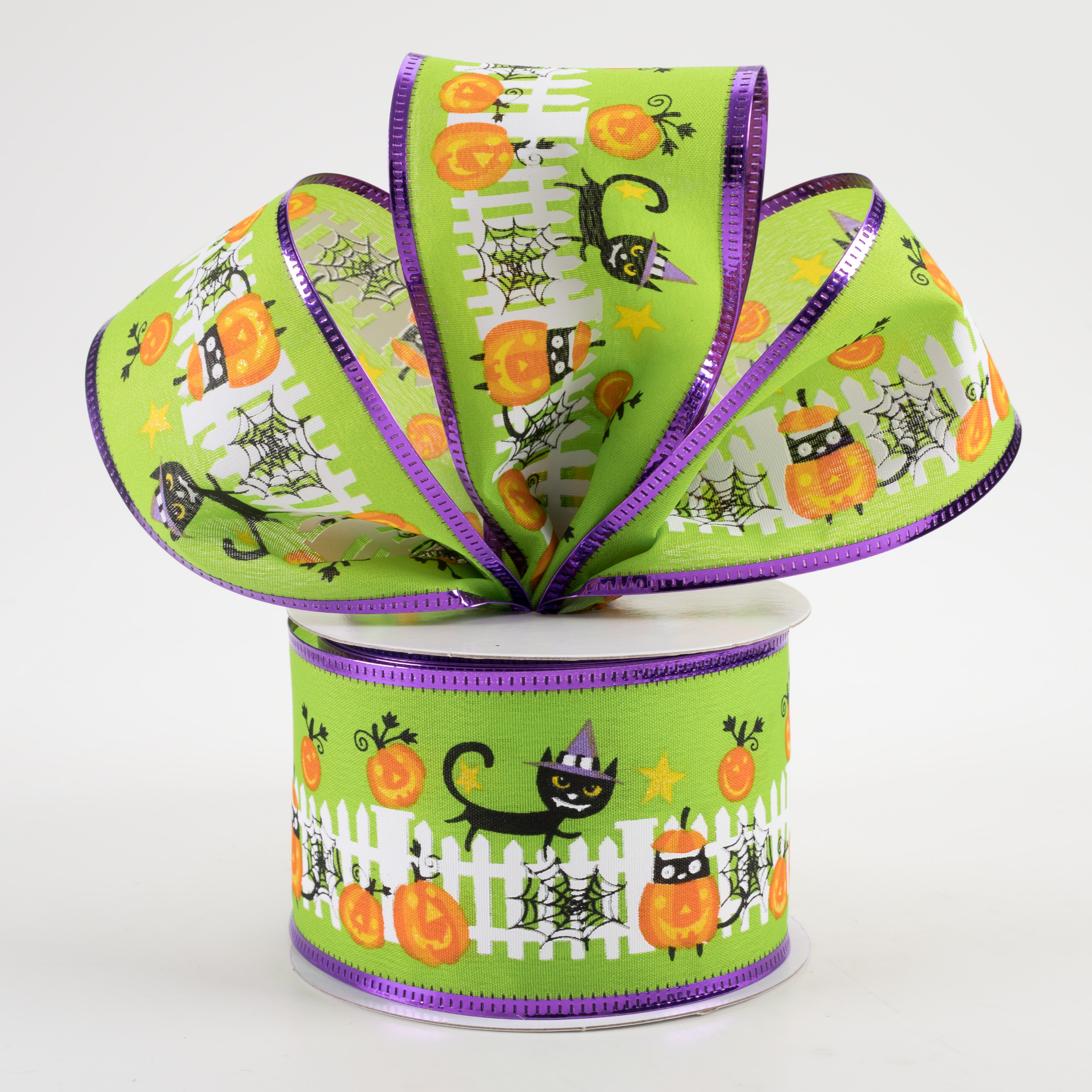 2.5" Metallic Edge Halloween Cat Fence Ribbon: Lime Green (10 Yards) Lifestyle Photo