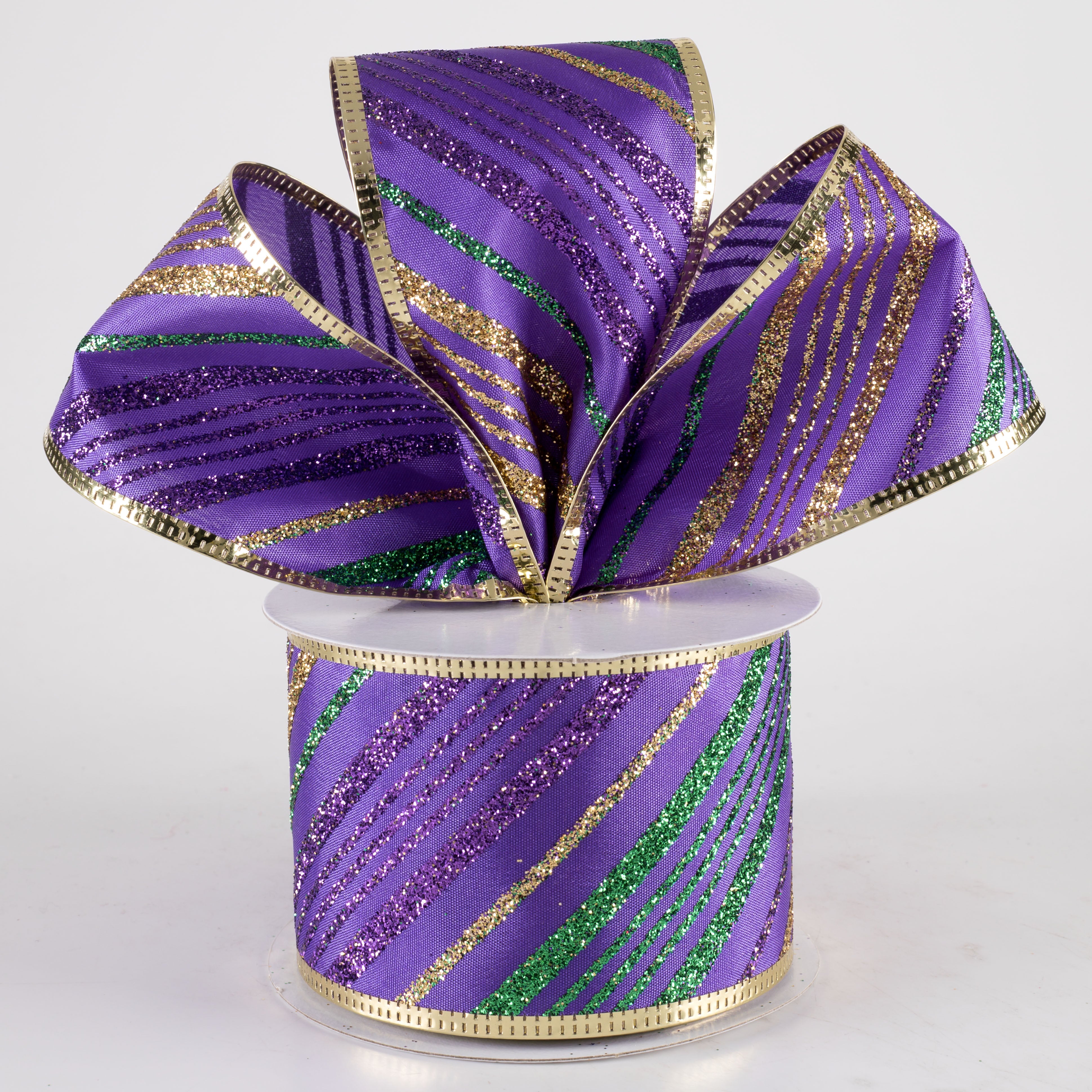 2.5" Metallic Edge Mardi Gras Glitter Diagonal Stripes Ribbon (10 Yards) Lifestyle Photo