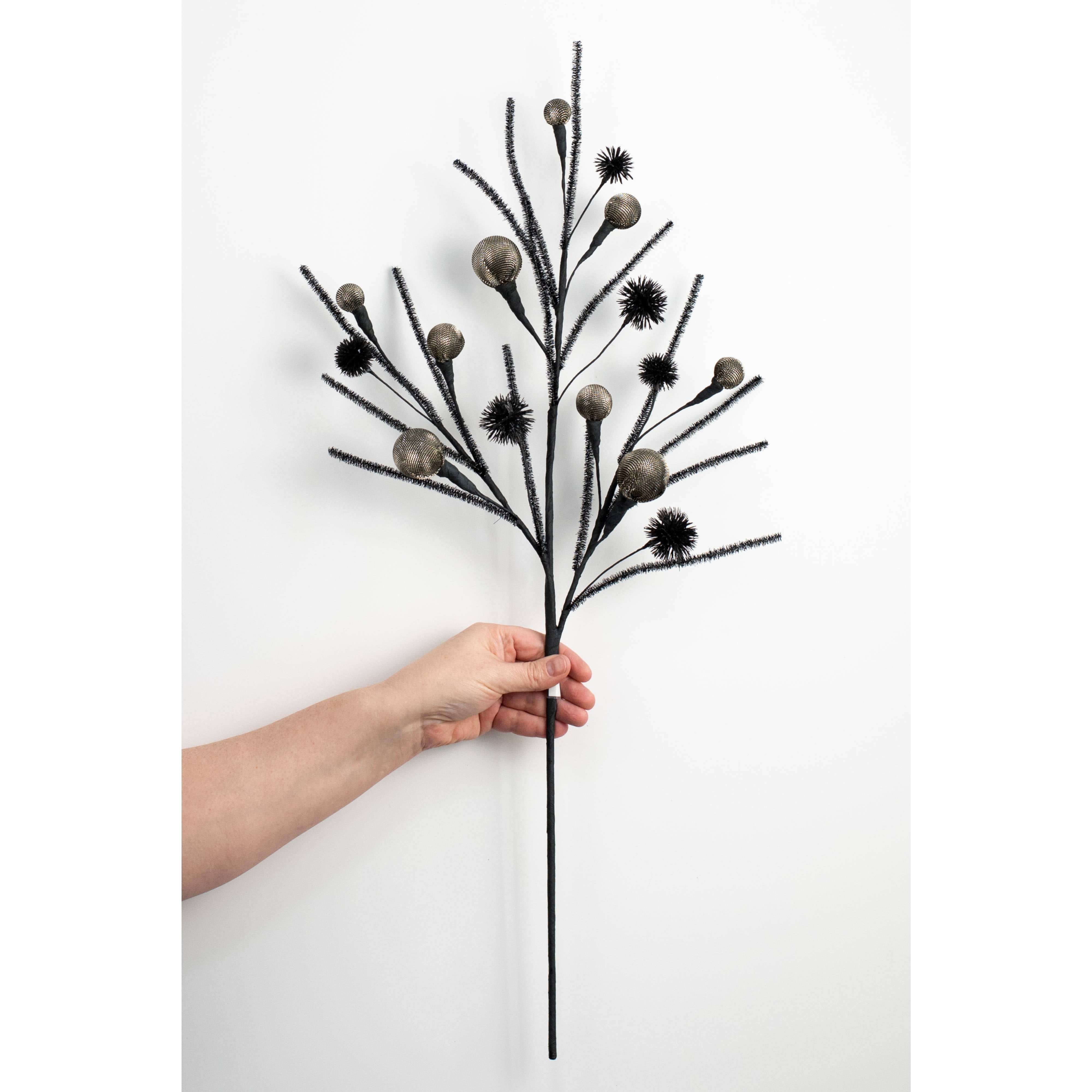 27" Metallic Fabric Ball & Thistle Spray: Silver & Black detail photo 3