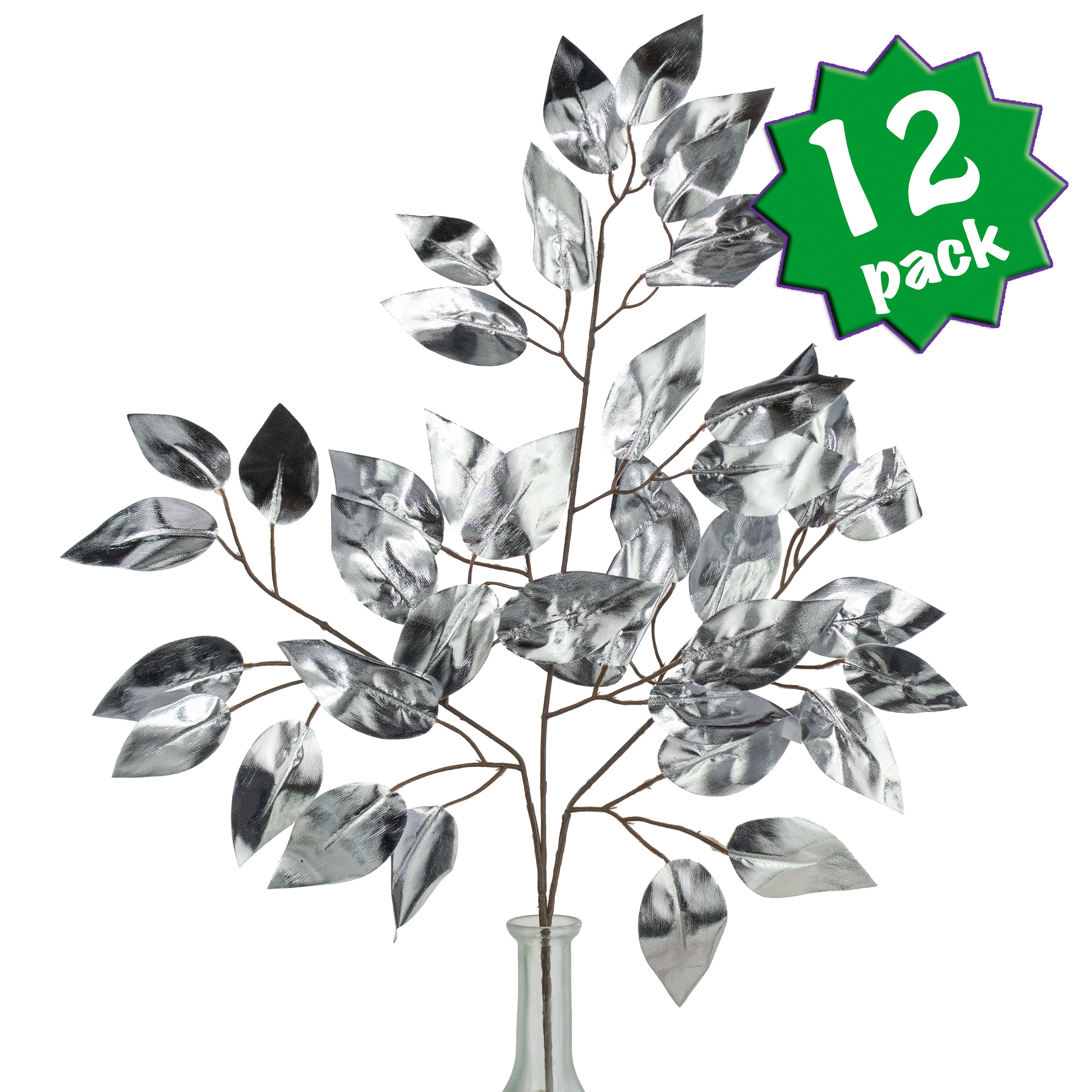 23" Metallic Ficus Leaf Spray: Silver (12) Item Number: XS244426