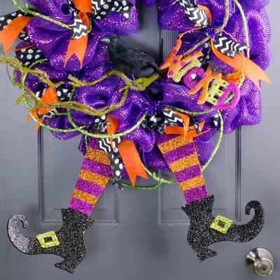 16" Metallic Foam Glittered Witch Leg Pair: Purple & Orange Lifestyle Photo