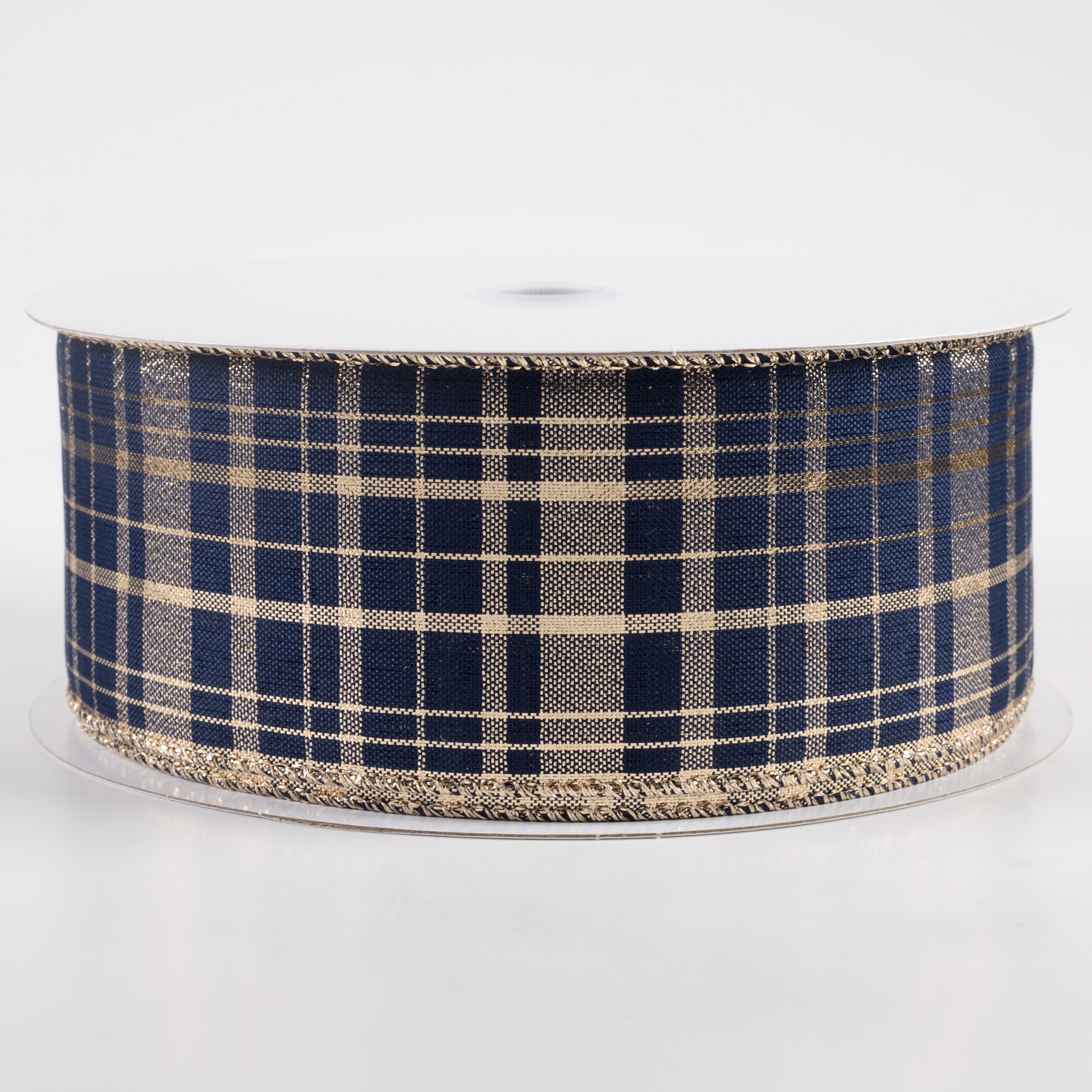 2.5" Metallic Gina Plaid Ribbon: Gold & Navy (50 Yards)