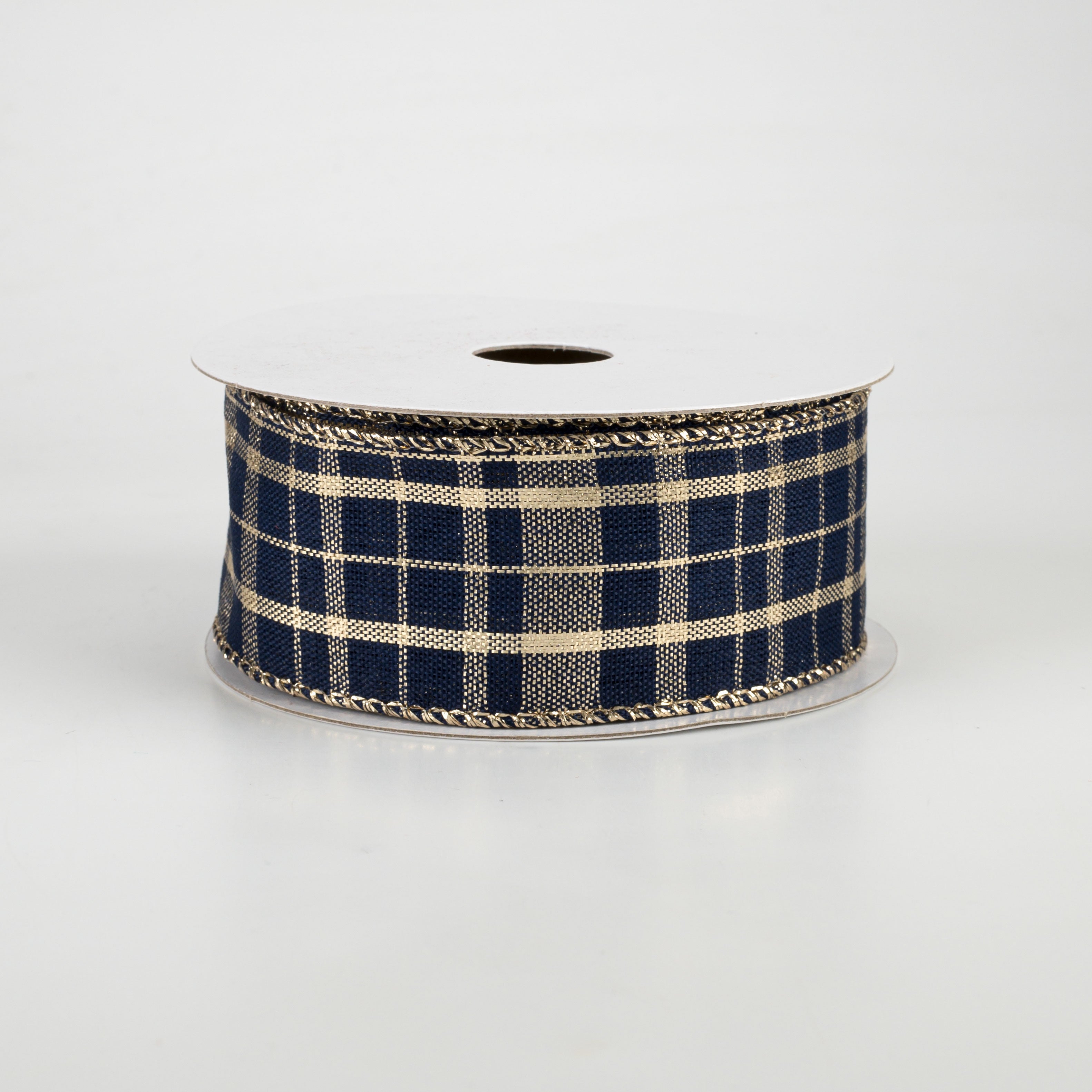 1.5" Metallic Gina Plaid Ribbon: Gold & Navy (10 Yards)