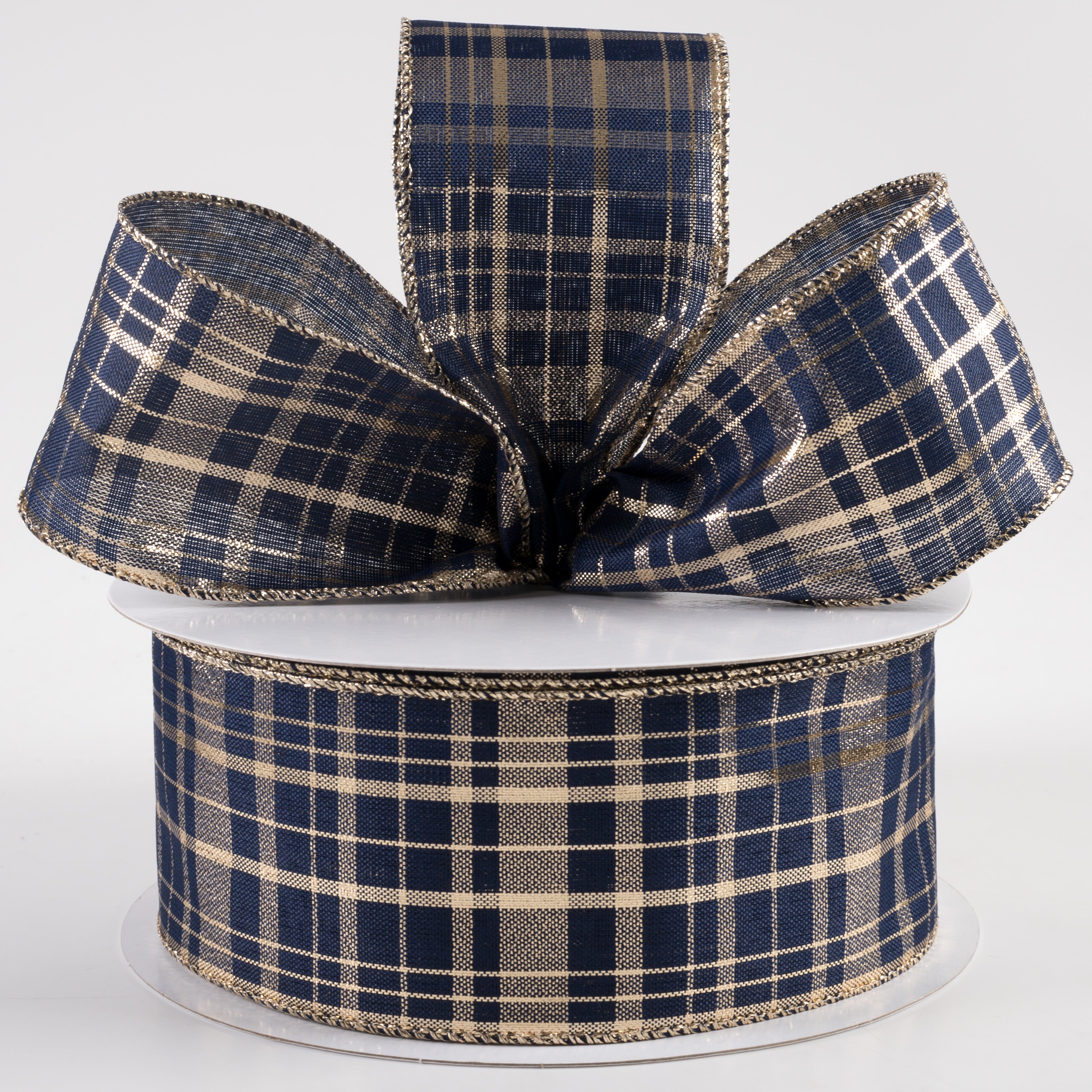 2.5" Metallic Gina Plaid Ribbon: Gold & Navy (50 Yards) Lifestyle Photo