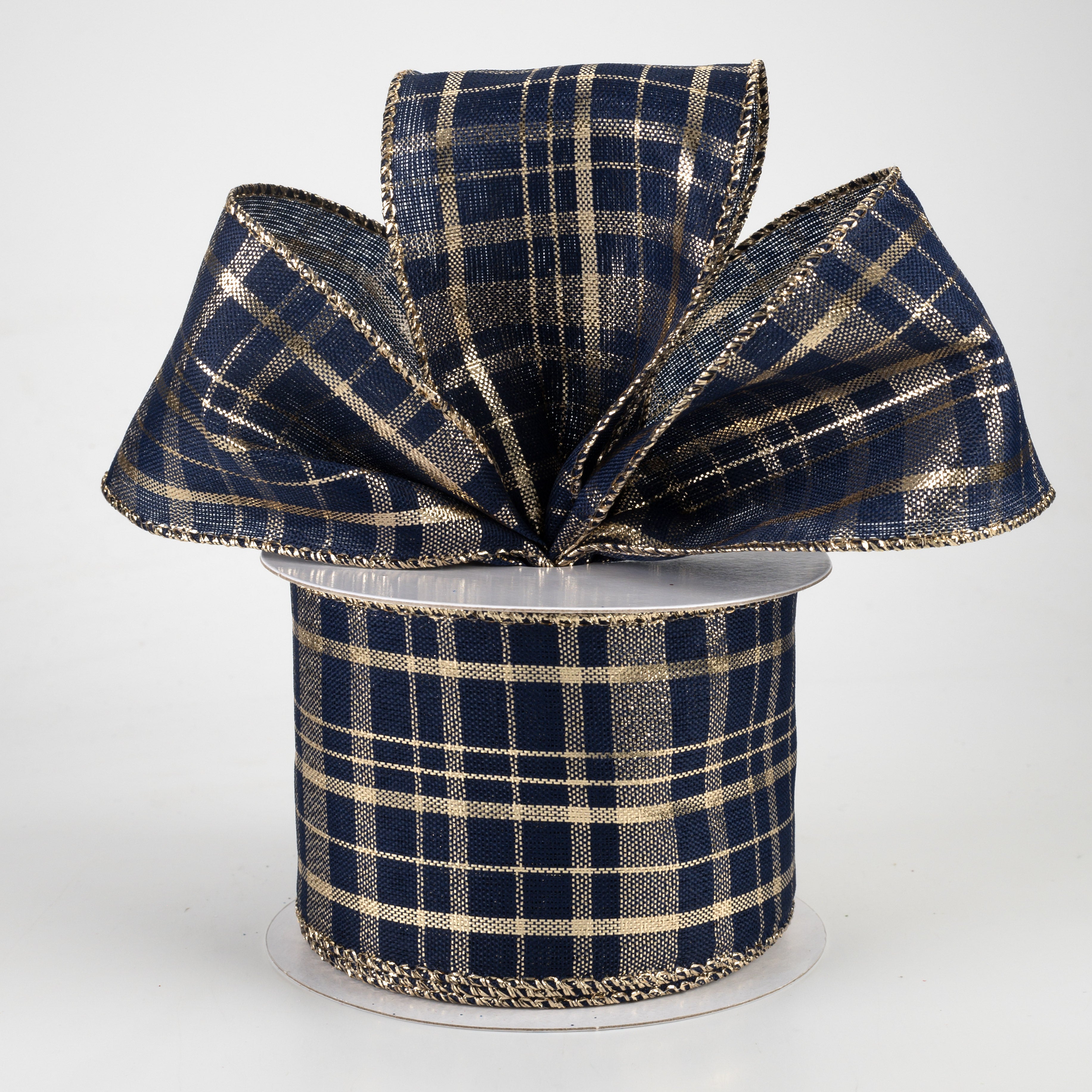 2.5" Metallic Gina Plaid Ribbon: Gold & Navy (10 Yards) Lifestyle Photo