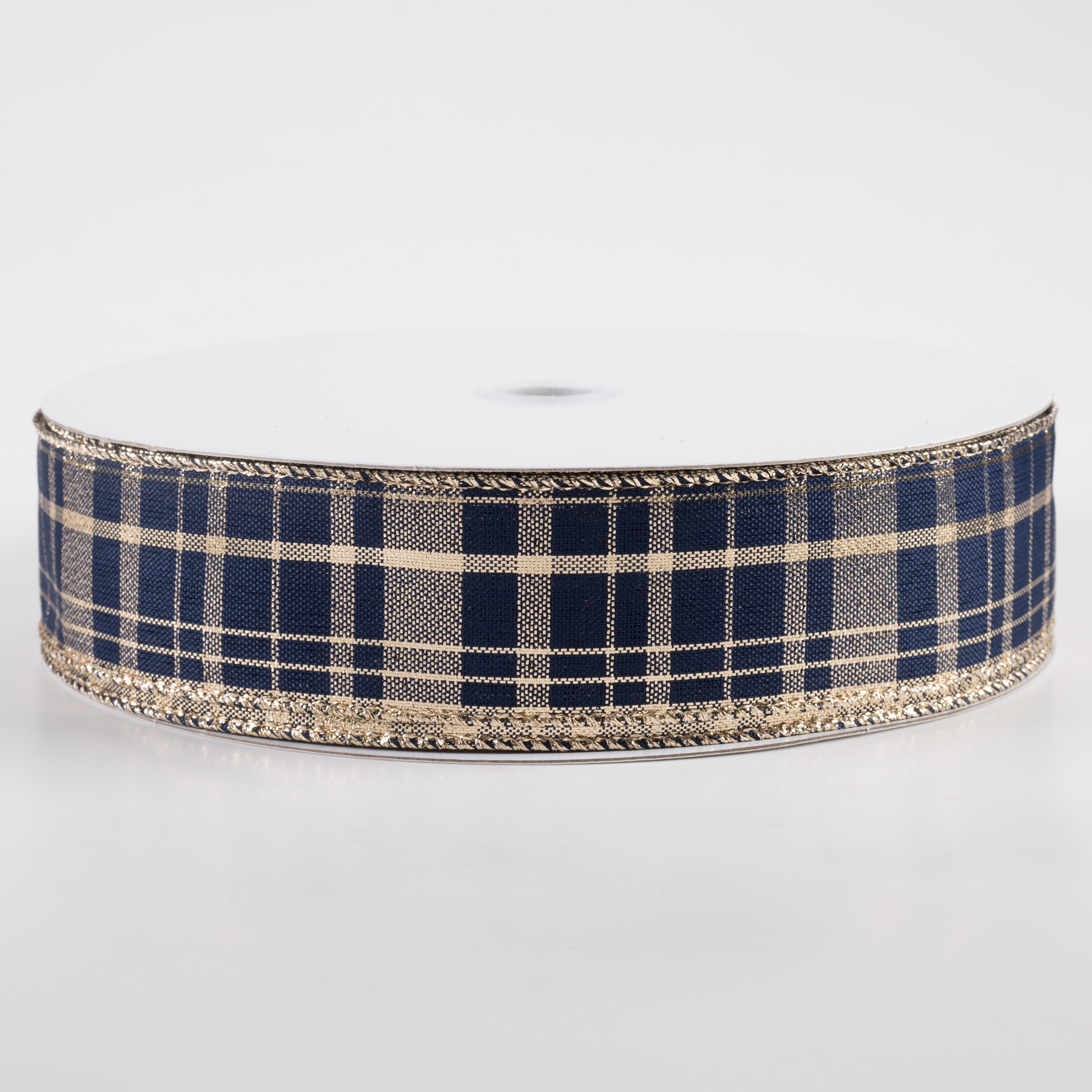 1.5" Metallic Gina Plaid Ribbon: Gold & Navy (50 Yards)