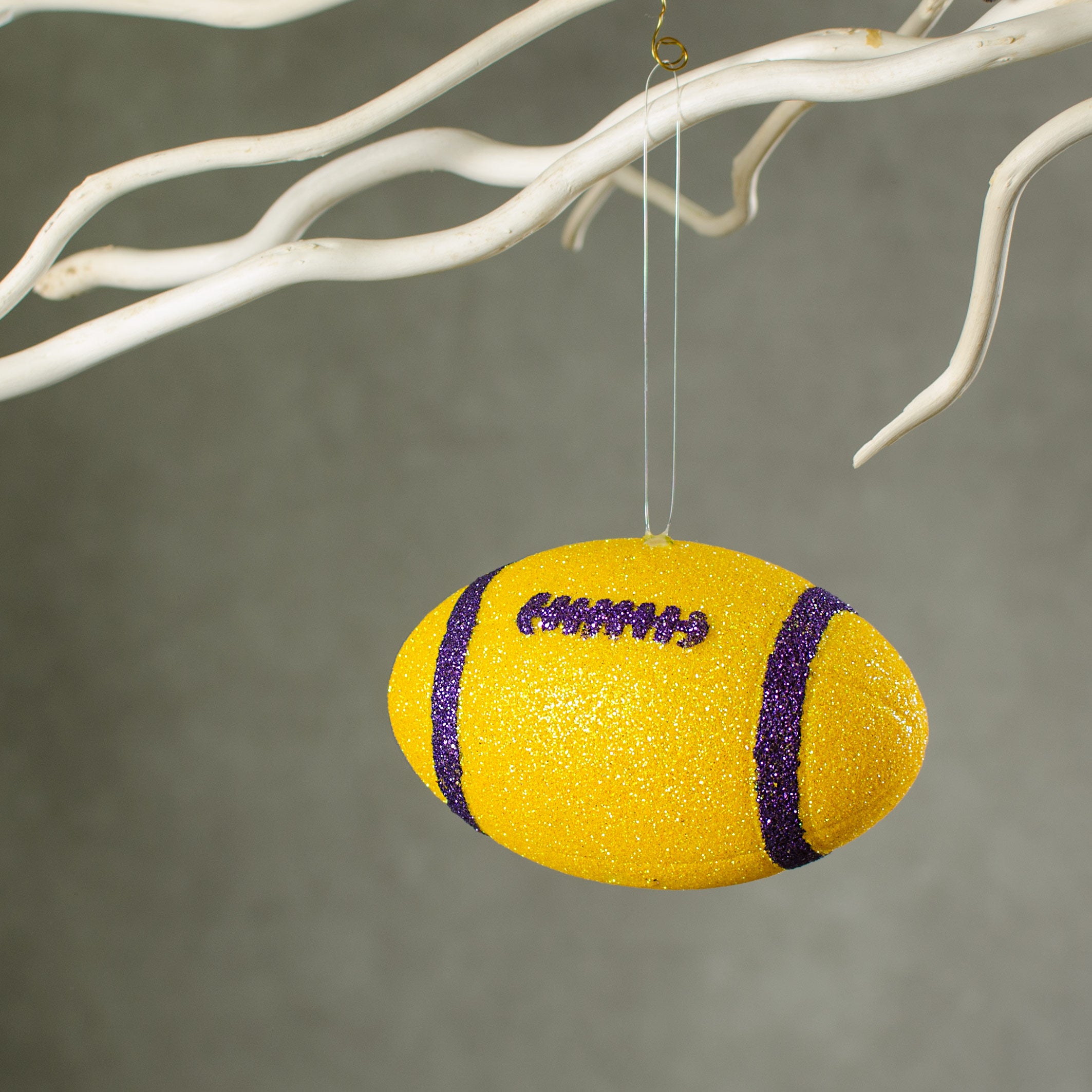 4.5" Metallic Glitter Football Ornament: Yellow & Purple detail photo 3