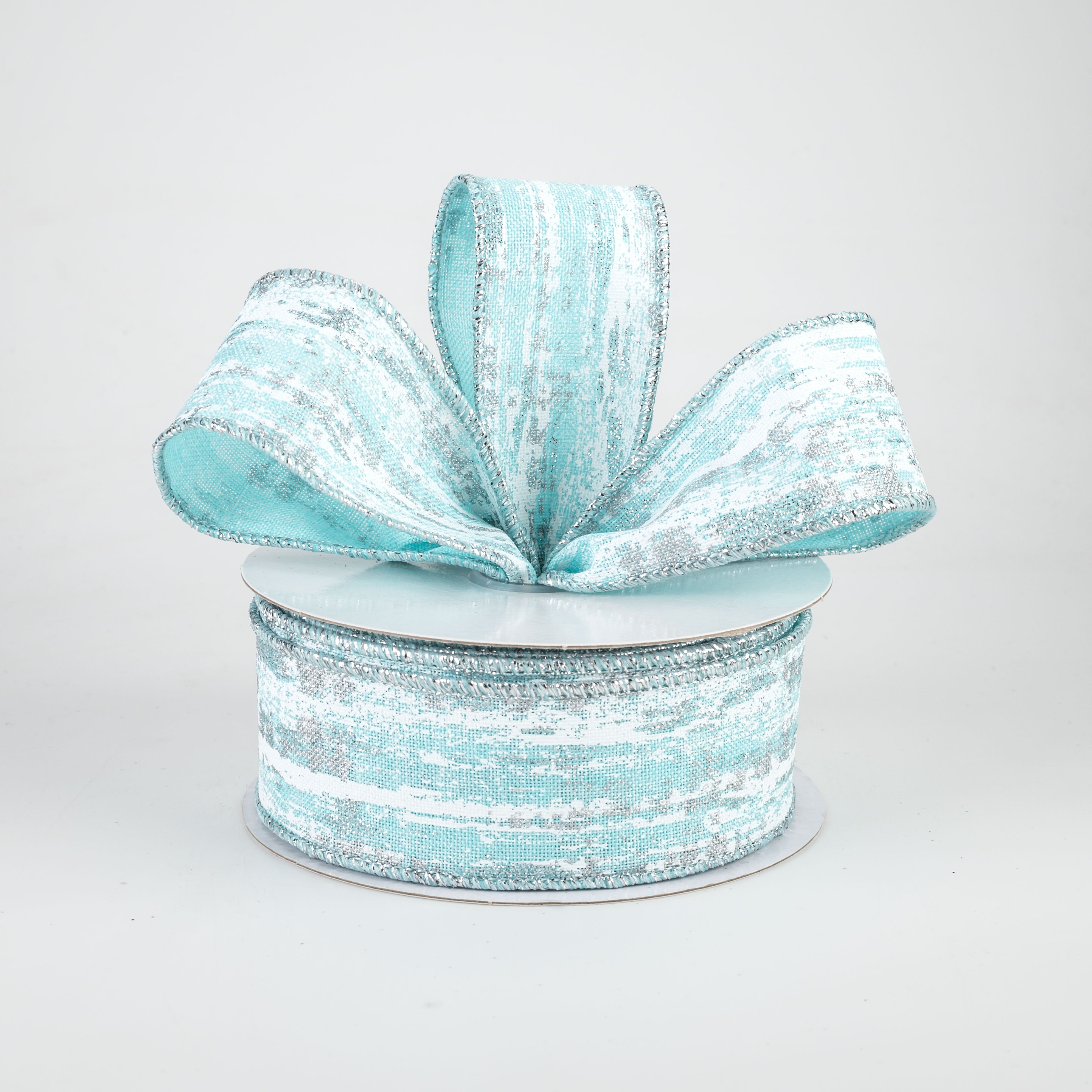1.5" Metallic Glitter Snow Ribbon: Ice Blue, White, Silver (10 Yards) Lifestyle Photo