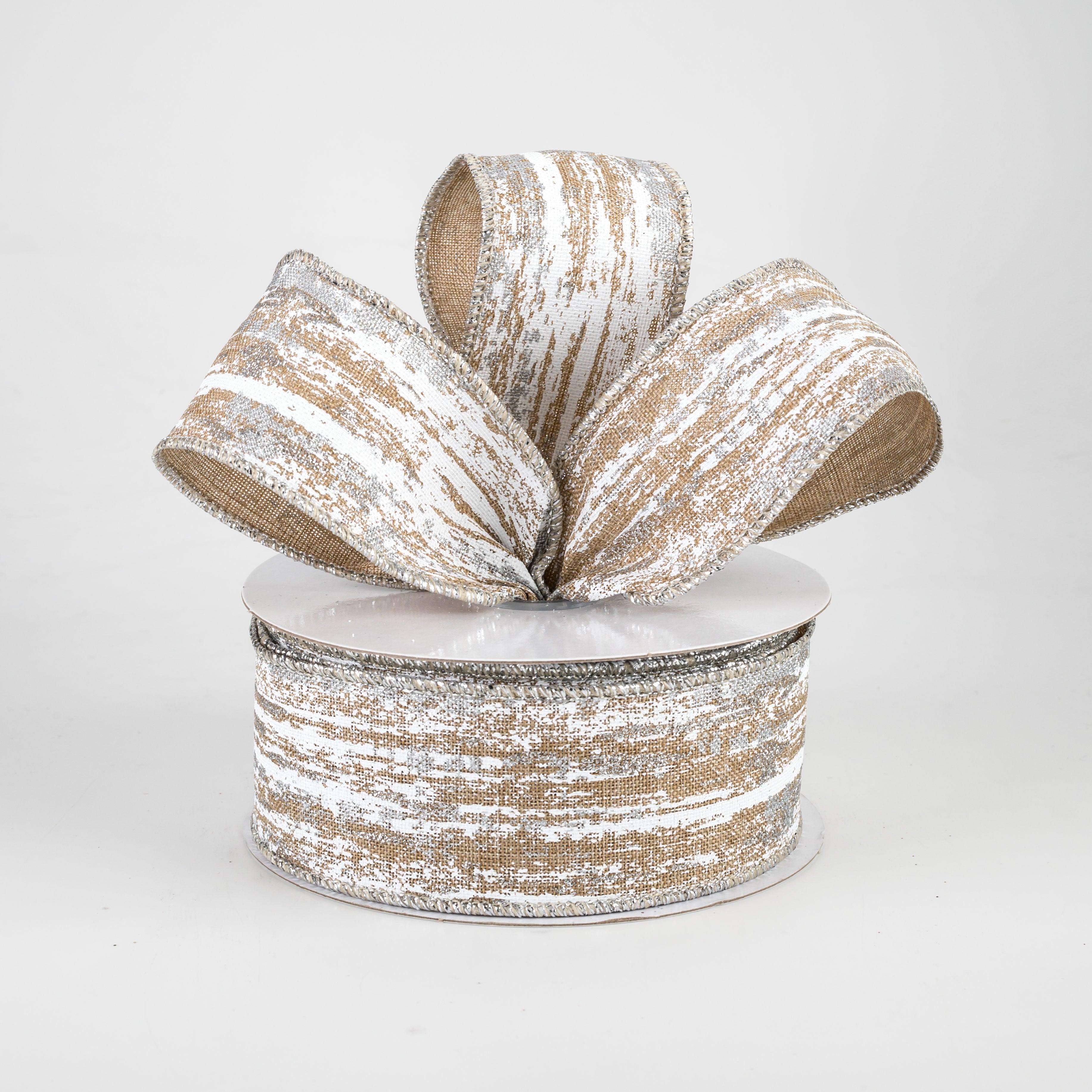 1.5" Metallic Glitter Snow Ribbon: Light Beige, White, Silver (10 Yards) Lifestyle Photo