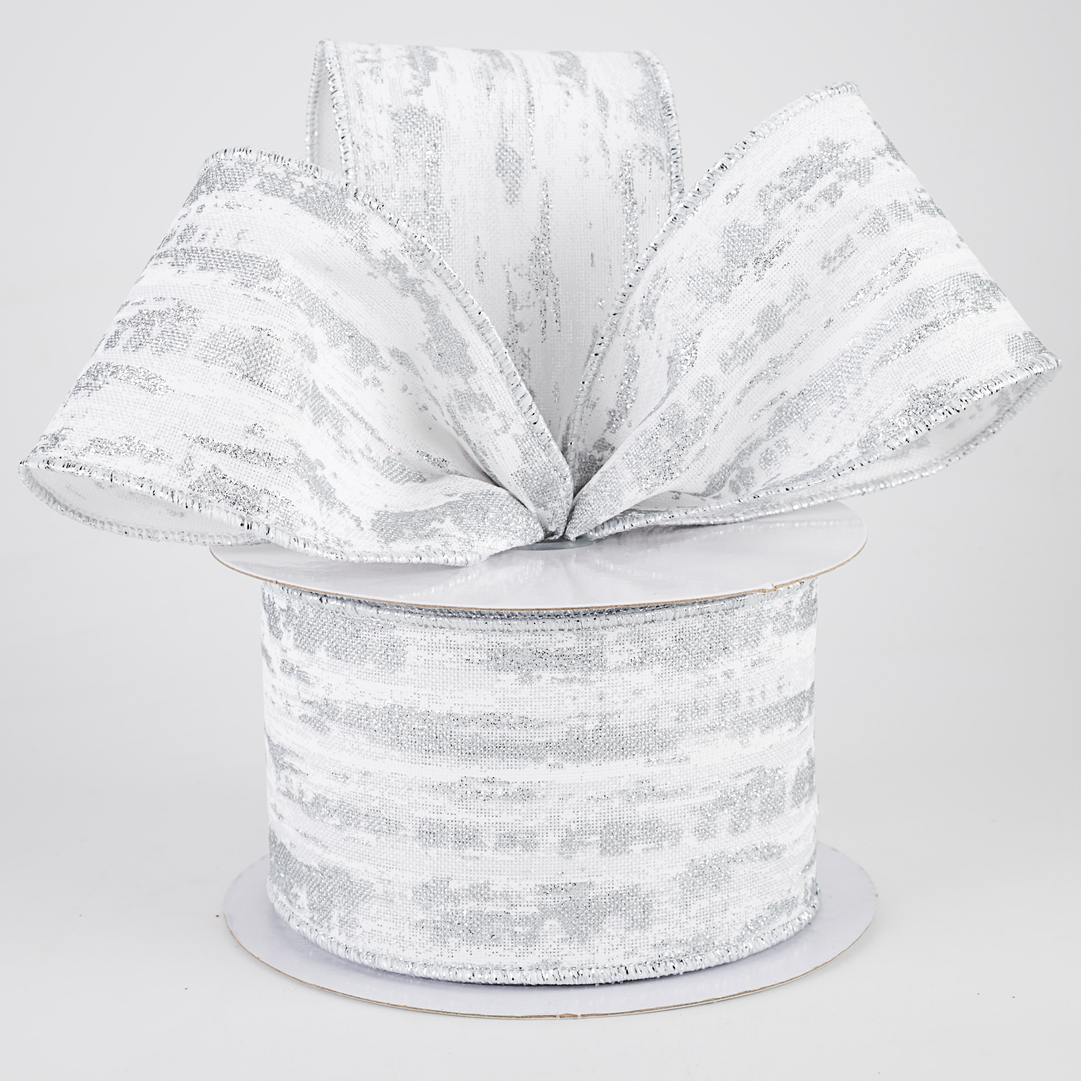 2.5" Metallic Glitter Snow Ribbon: White & Silver (10 Yards) Lifestyle Photo