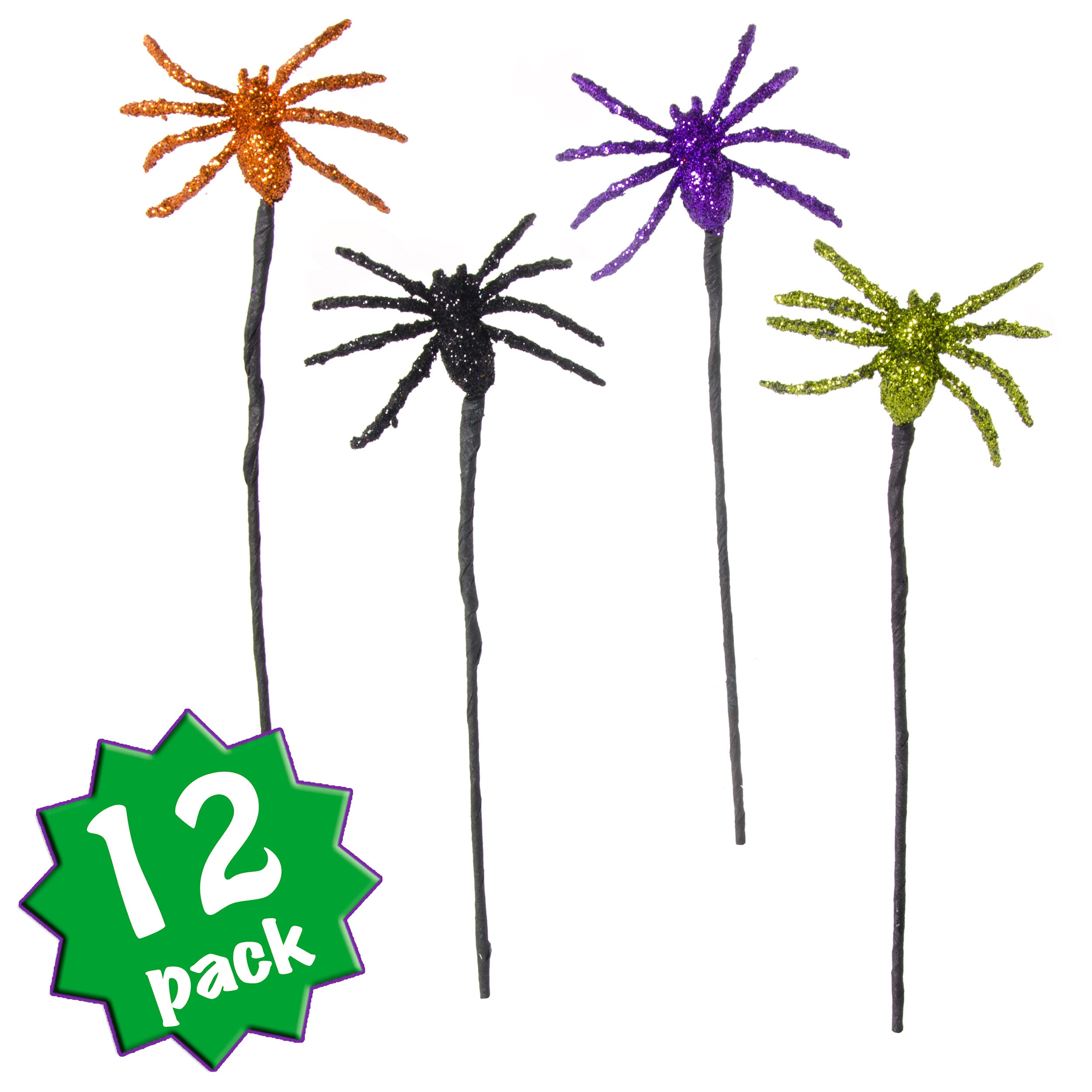10" Metallic Glitter Spider Picks: Purple, Lime, Black, Orange (12) Item Number: HH115499