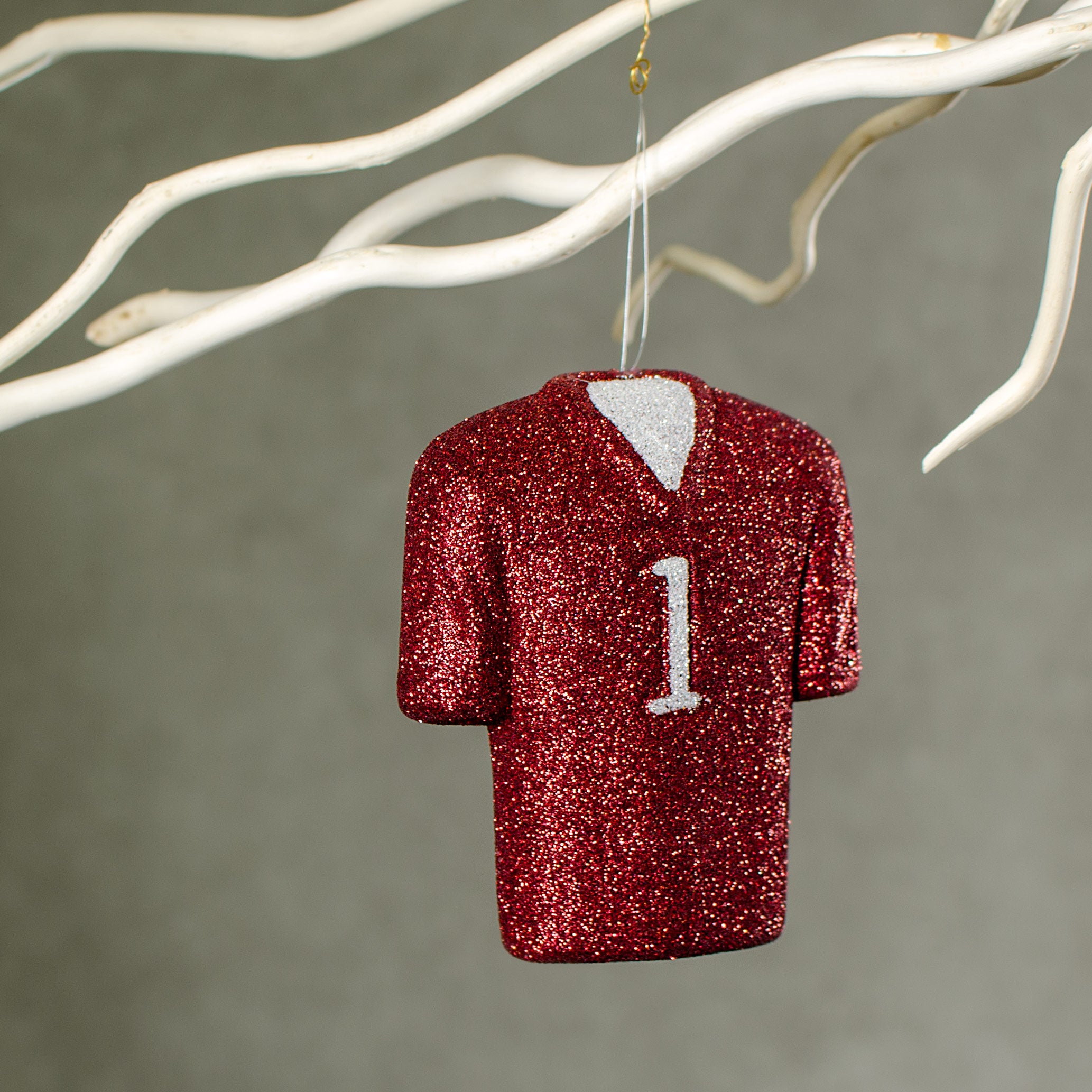4.5" Metallic Glittered Football Jersey Ornament: Crimson Red & White Lifestyle Photo