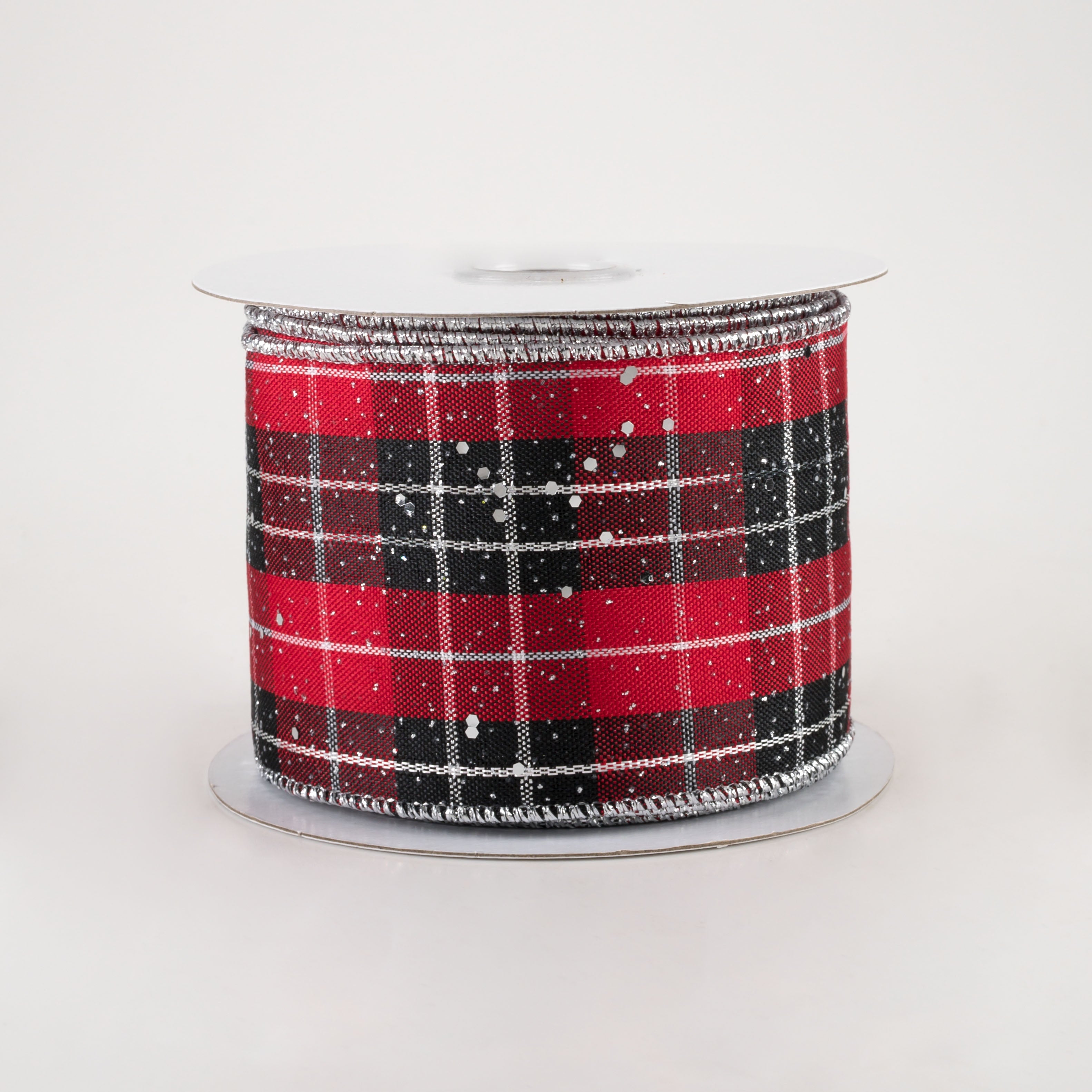 2.5" Metallic Plaid Hex Glitter Ribbon: Red, Black, White, Silver (10 Yards)