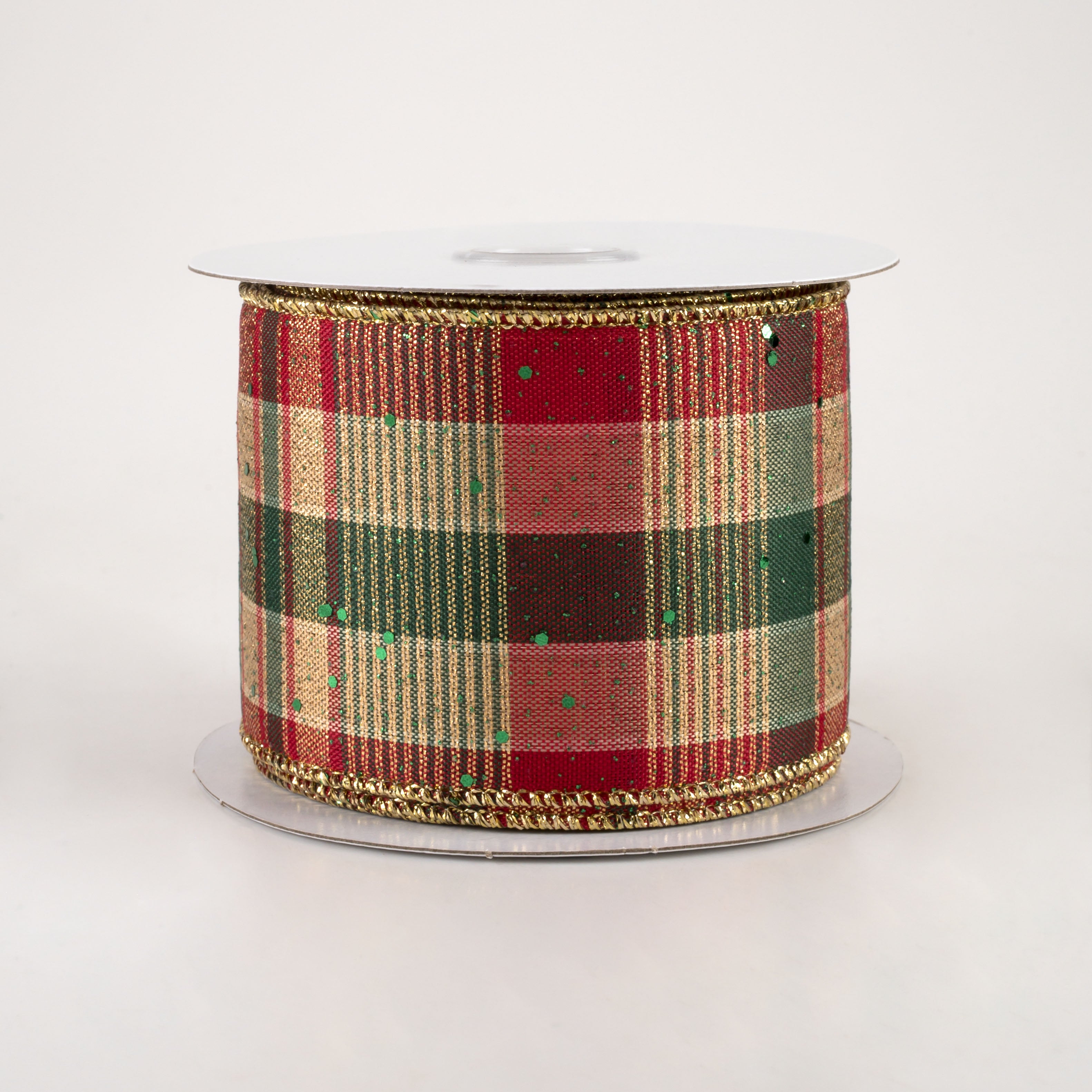 2.5" Metallic Plaid Hex Glitter Ribbon: Red, Gold, White, Emerald (10 Yards)