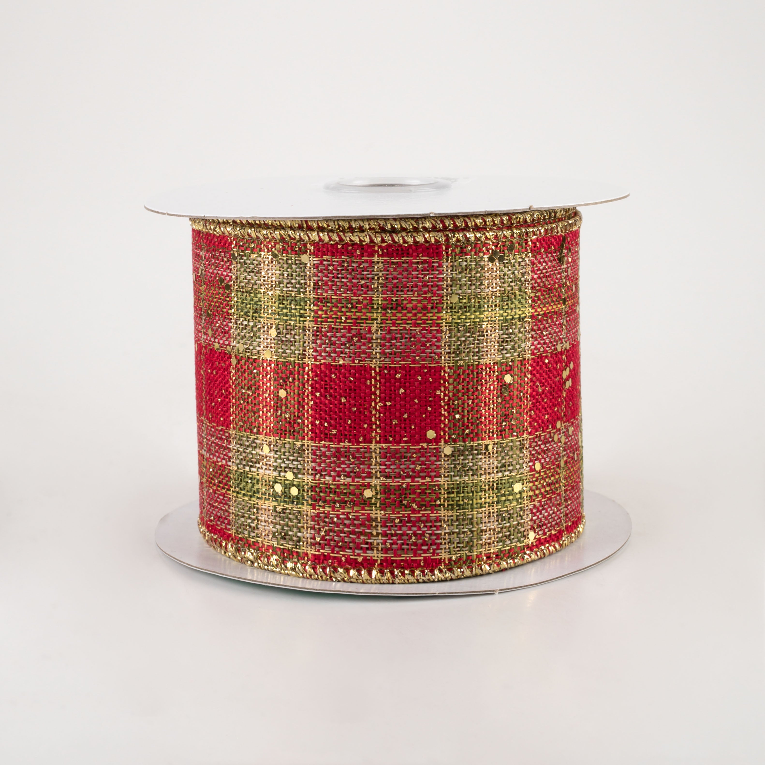 2.5" Metallic Plaid Hex Glitter Ribbon: Red, Moss, Gold (10 Yards)