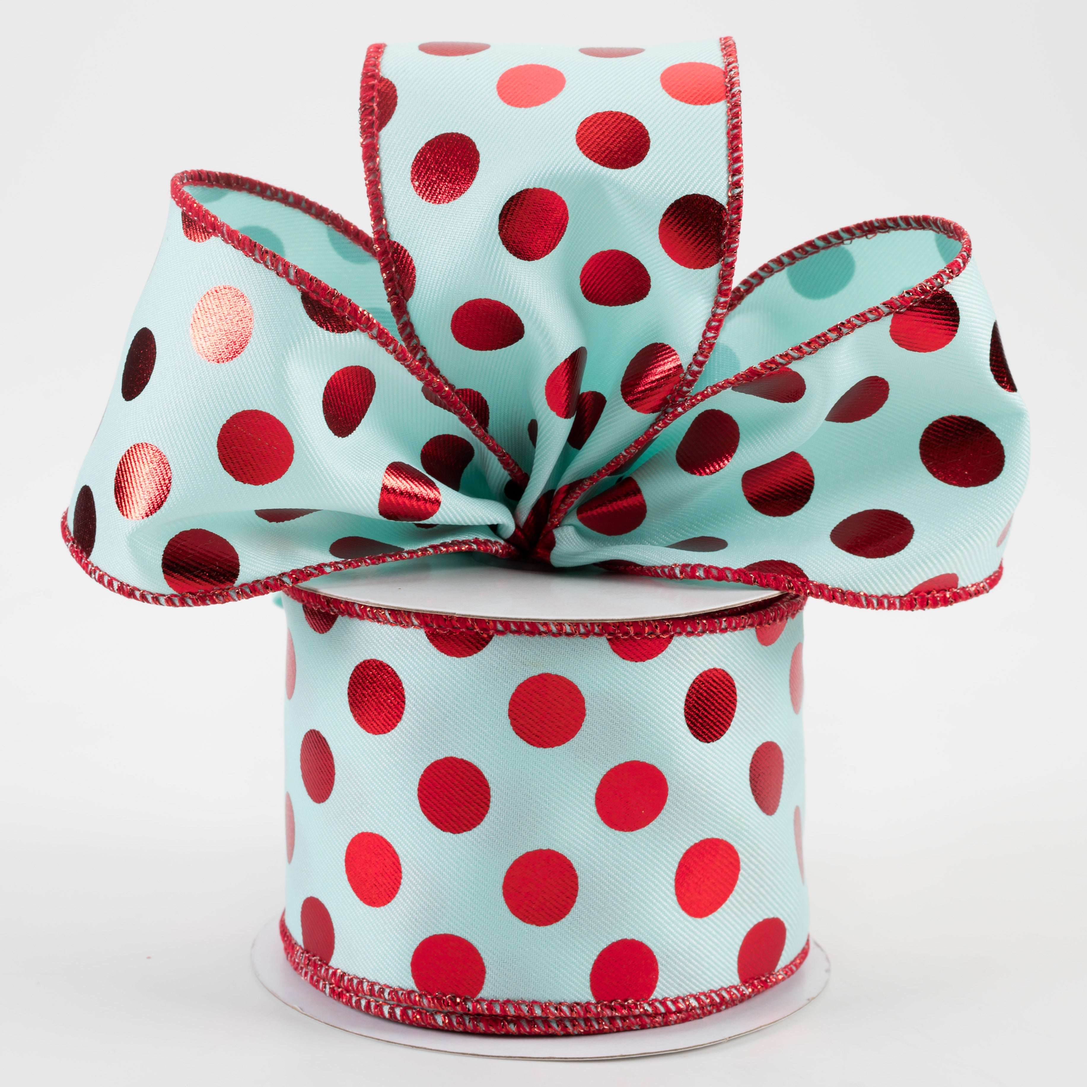 2.5" Metallic Polka Dots Ribbon: Ice Blue & Red (10 Yards) Lifestyle Photo