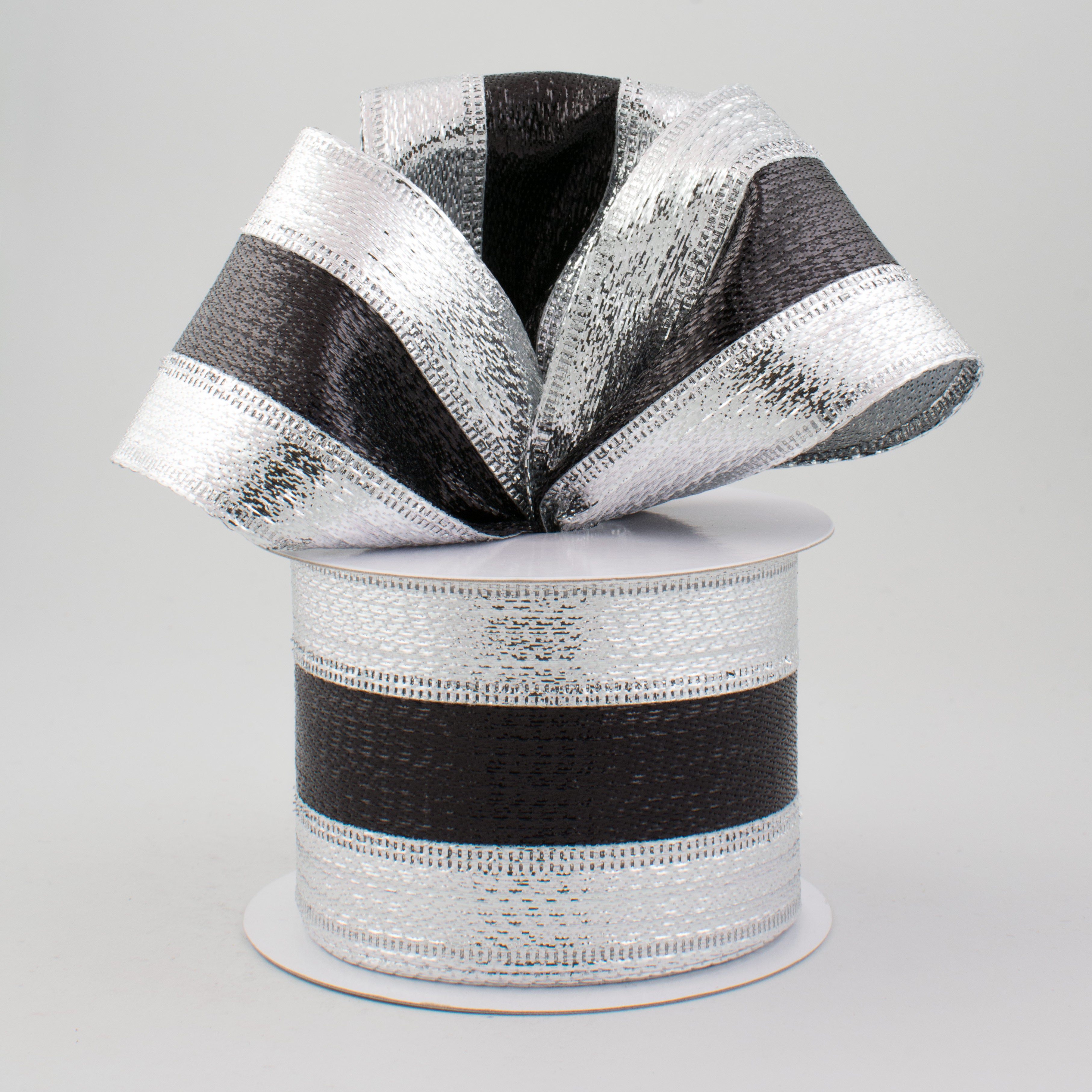 2.5" Metallic Stripe Ribbon: Black & Silver (10 Yards) Lifestyle Photo