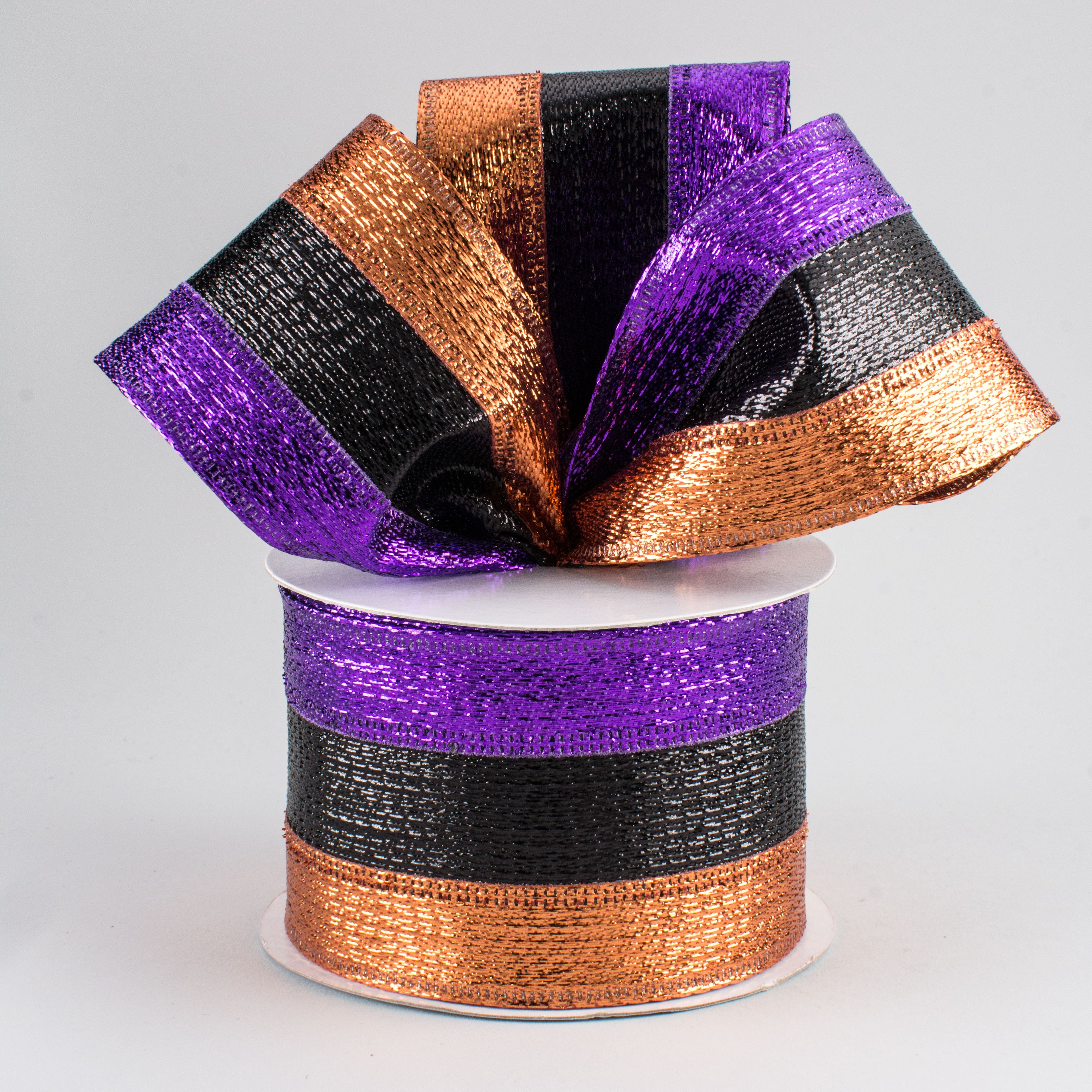 2.5" Metallic Stripe Ribbon: Purple, Black, Copper (10 Yards) Lifestyle Photo