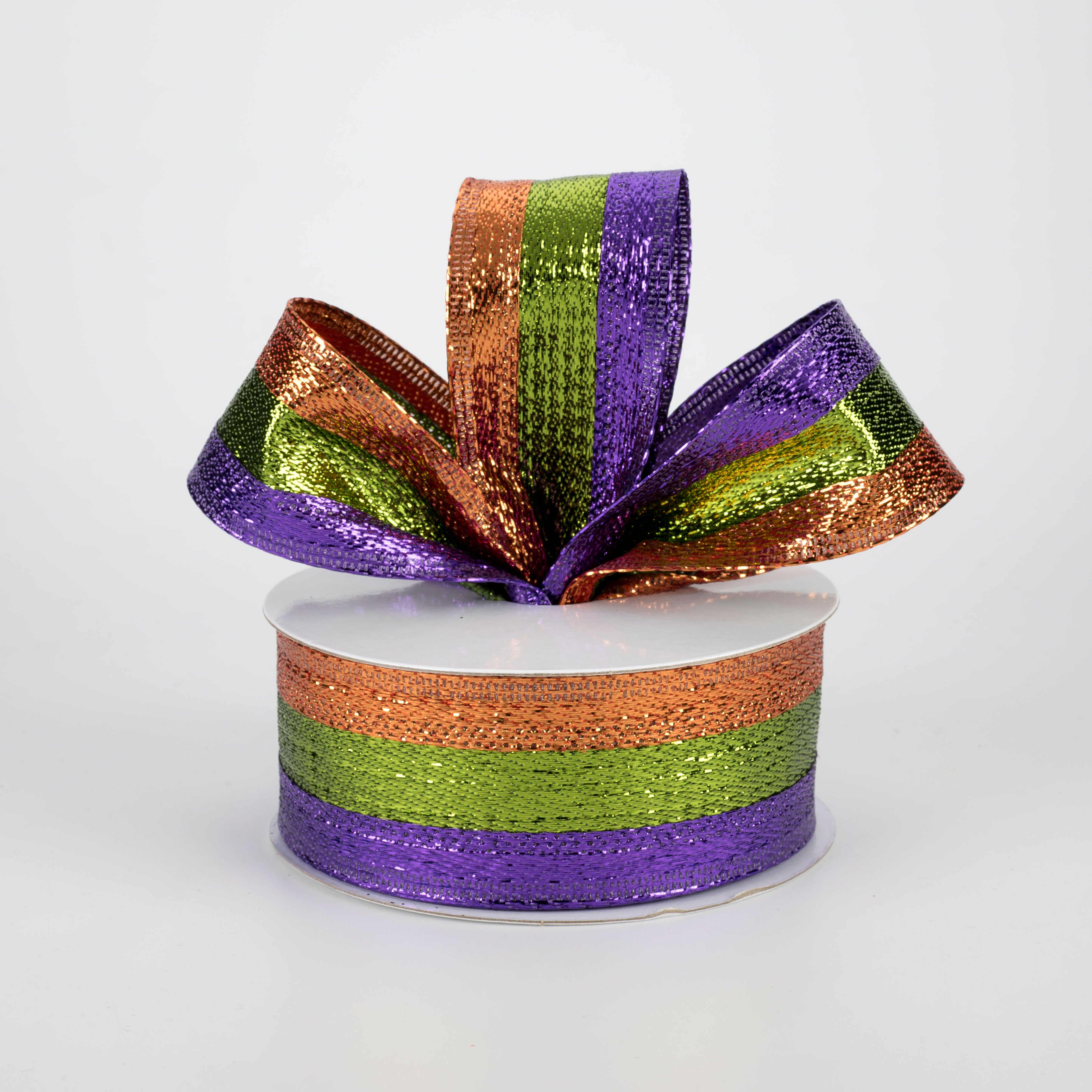 1.5" Metallic Stripe Ribbon: Purple, Lime, Copper (10 Yards) Lifestyle Photo
