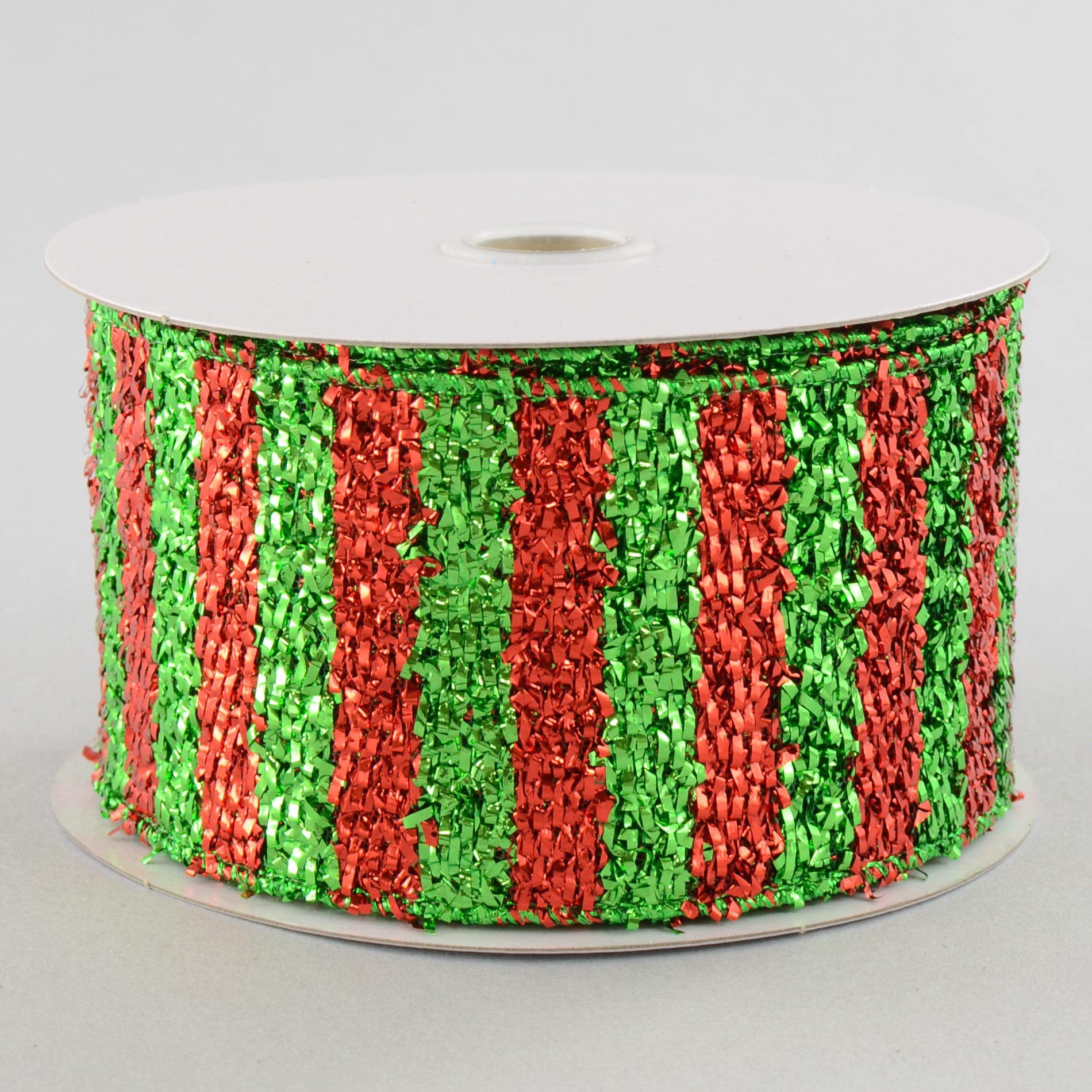 2.5" Metallic Tinsel Stripe Ribbon: Red & Lime (10 Yards)
