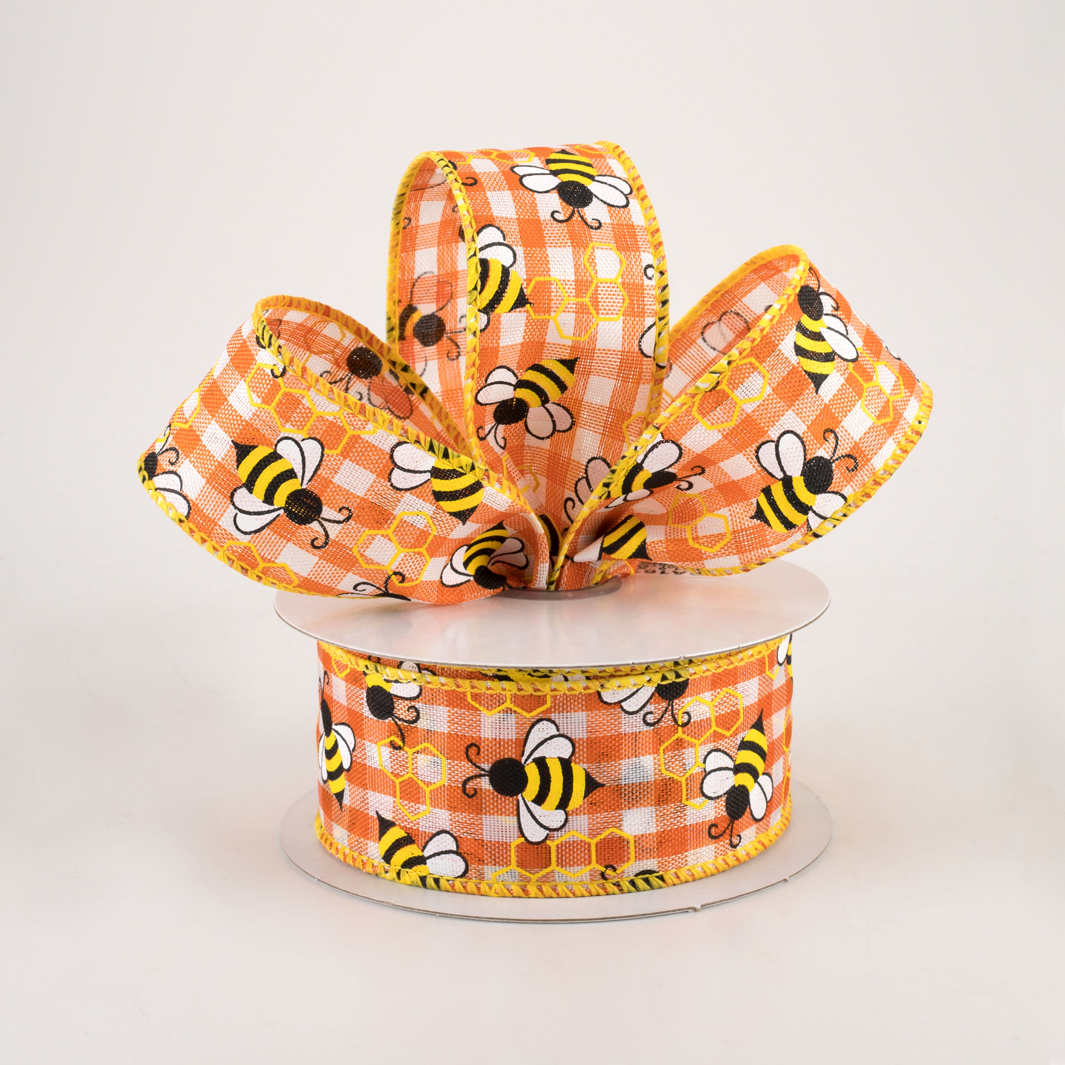 1.5" Mini Bumblebees Gingham Check Ribbon: Orange (10 Yards) Lifestyle Photo