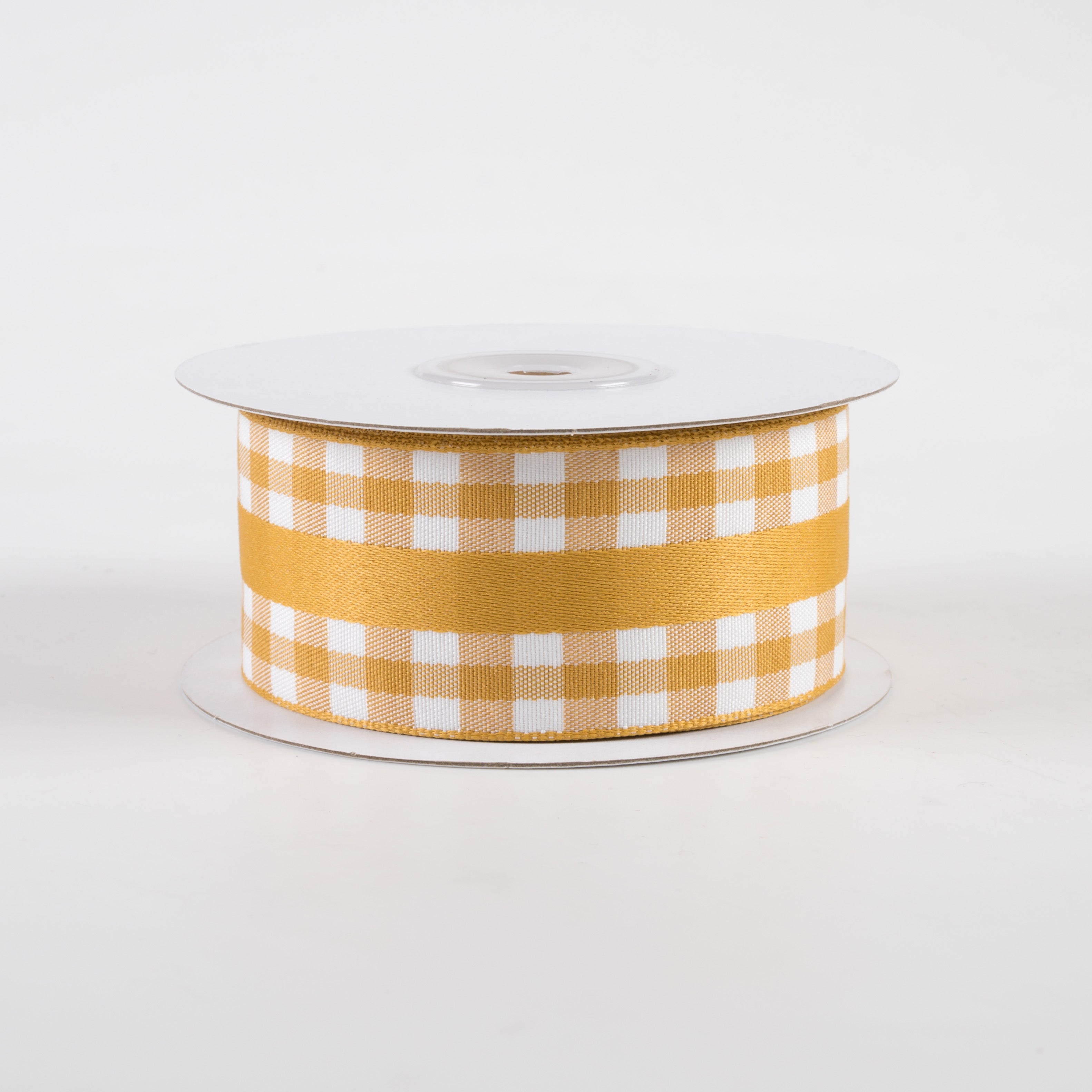 1.5" Mini Gingham With Center Stripe Ribbon: Dark Yellow & Cream (10 Yards)