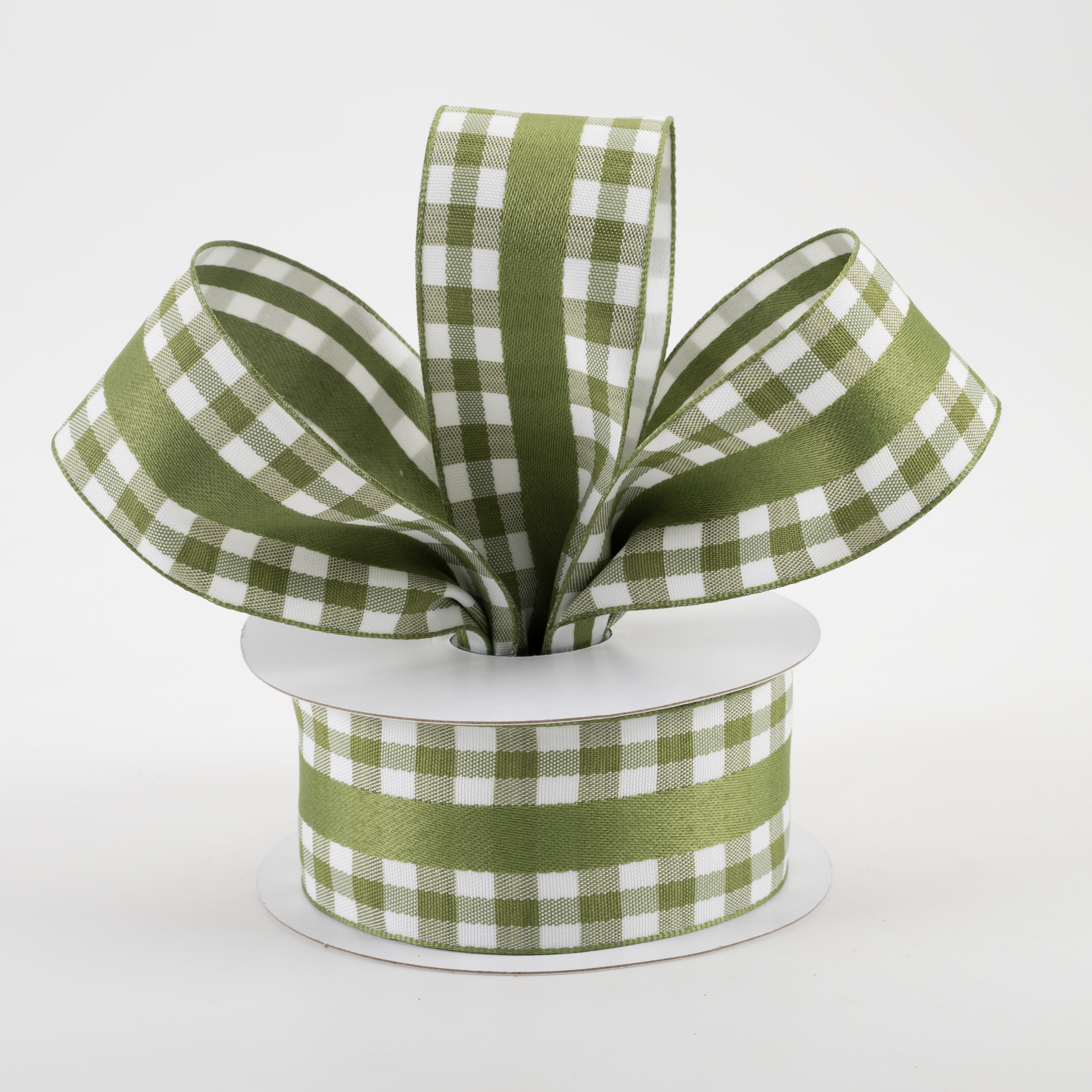 1.5" Mini Gingham With Center Stripe Ribbon: Moss Green & Cream (10 Yards) Lifestyle Photo