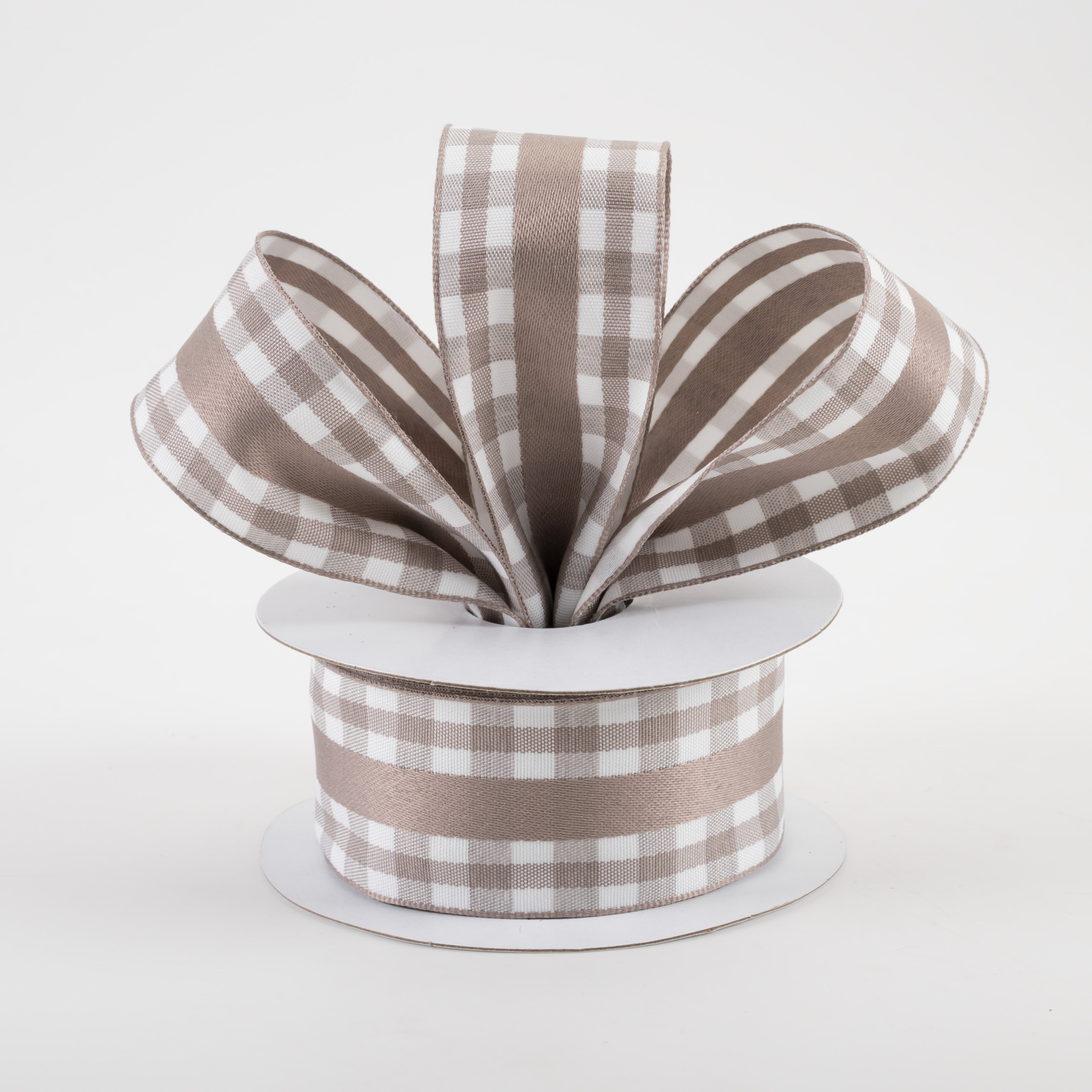 1.5" Mini Gingham With Center Stripe Ribbon: Taupe & White (10 Yards) Lifestyle Photo