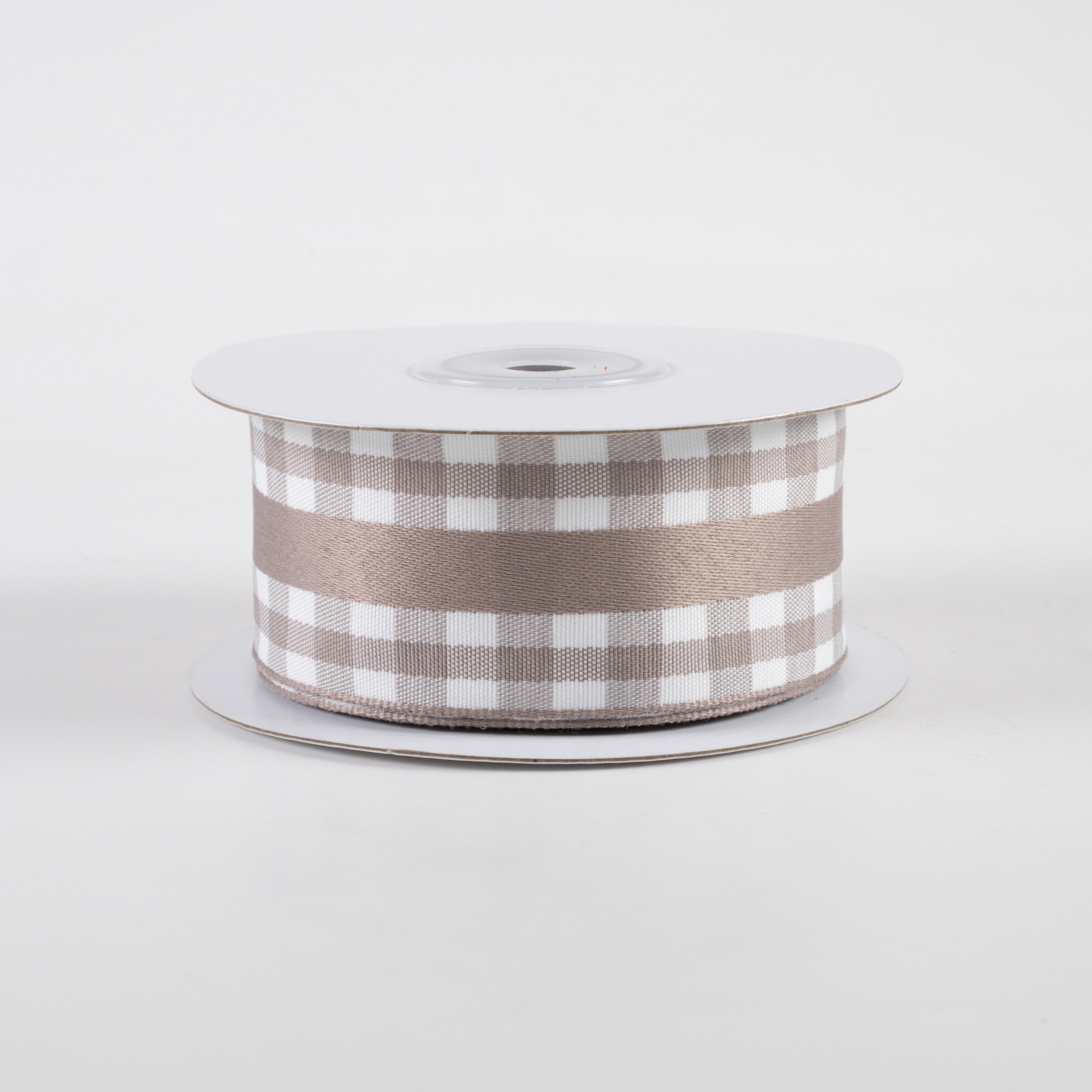 1.5" Mini Gingham With Center Stripe Ribbon: Taupe & White (10 Yards)