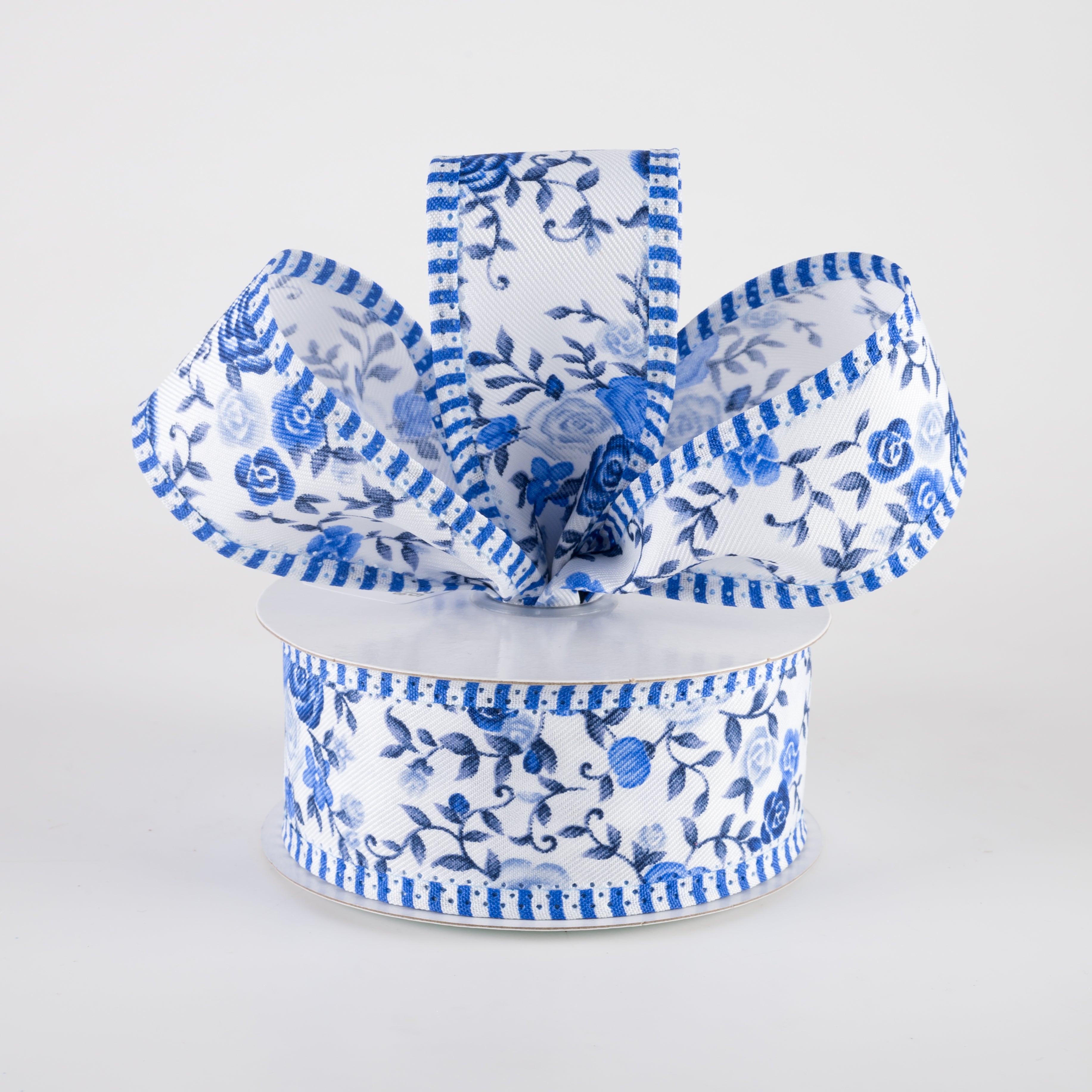 1.5" Mini Roses & Stripe Edge Ribbon: Blues (10 Yards) Lifestyle Photo
