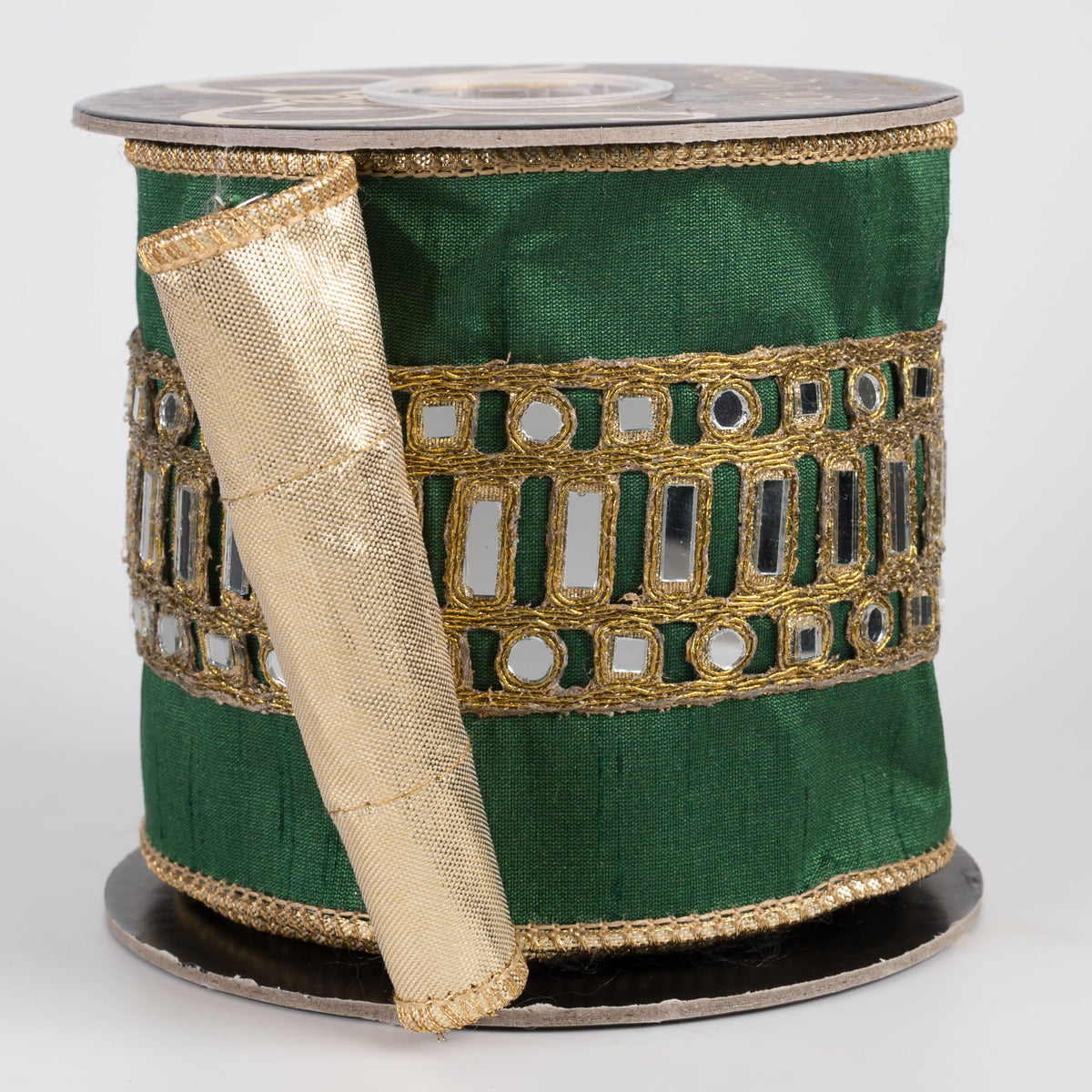4" Mirror Center Trim Dupioni & Metallic Dupioni Fused Ribbon: Emerald Green & Gold (5 Yards) Item Number: RR0096