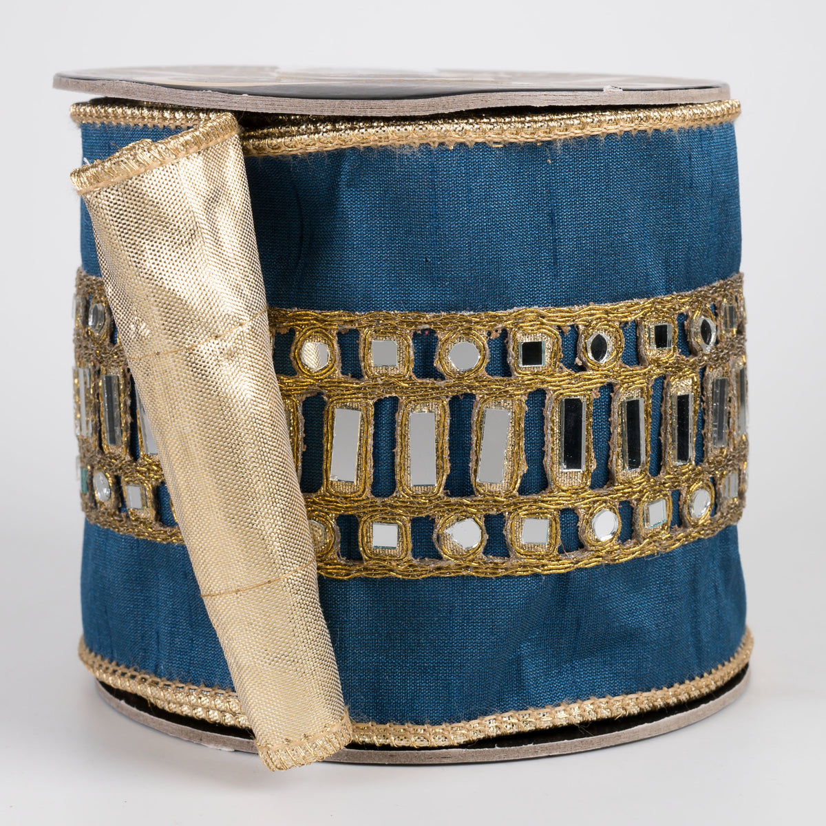 4" Mirror Center Trim Dupioni & Metallic Dupioni Fused Ribbon: Mediterranean Blue & Gold (5 Yards) Item Number: RR0095