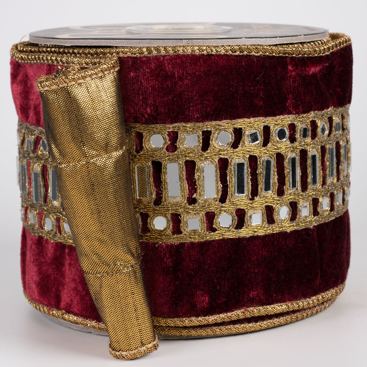 4" Mirror Center Trim Sheldon Velvet & Metallic Dupioni Fused Ribbon: Burgundy & Gold (5 Yards) Item Number: RR0029