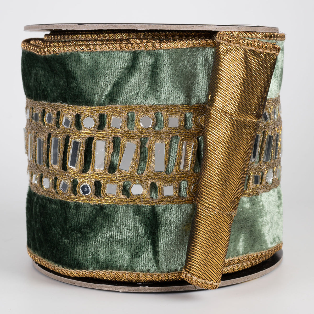 4" Mirror Center Trim Sheldon Velvet & Metallic Dupioni Fused Ribbon: Eucalyptus Green & Gold (5 Yards) Item Number: RR0030