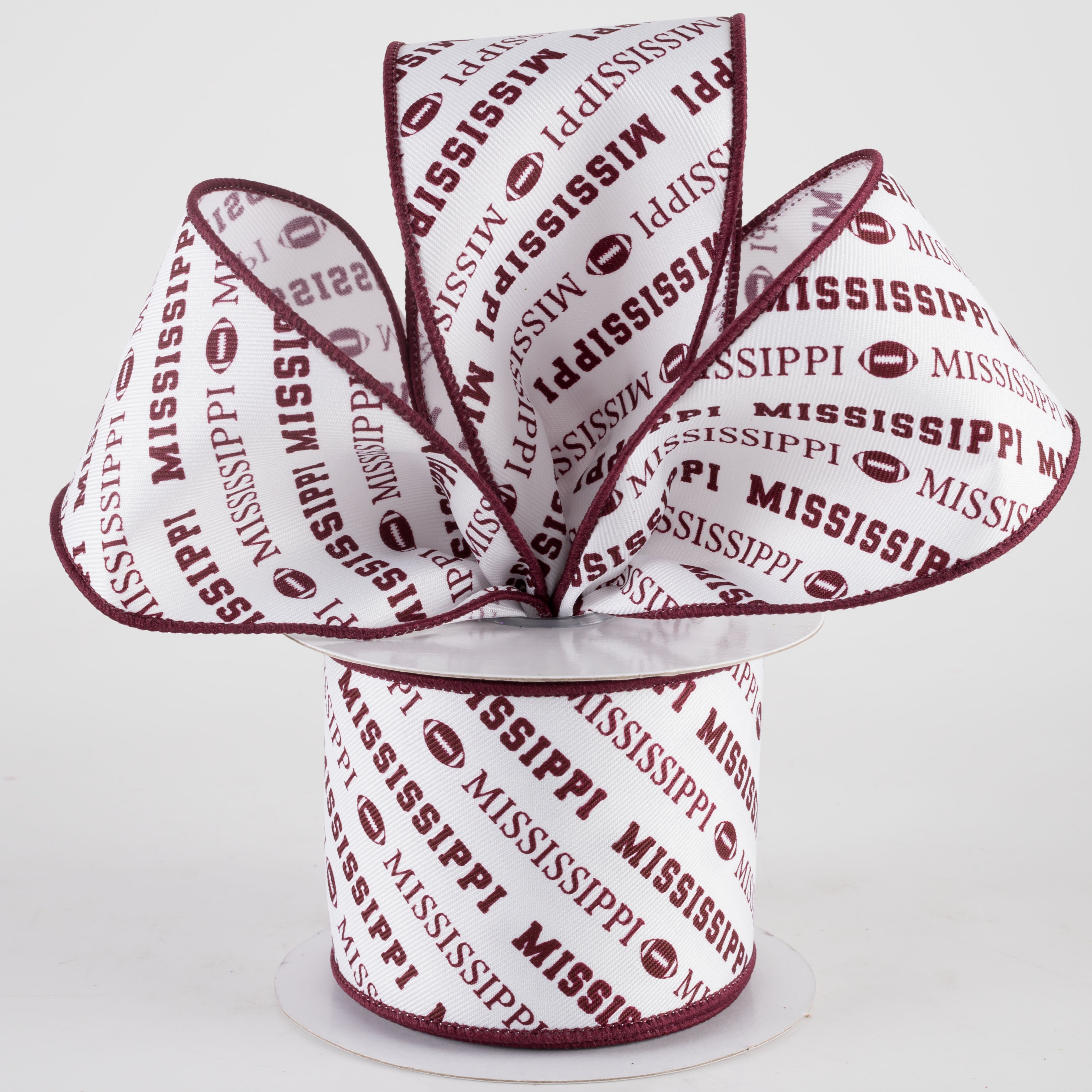 2.5" Mississippi Diagonal Football Pattern Ribbon: Maroon & White (10 Yards) Lifestyle Photo