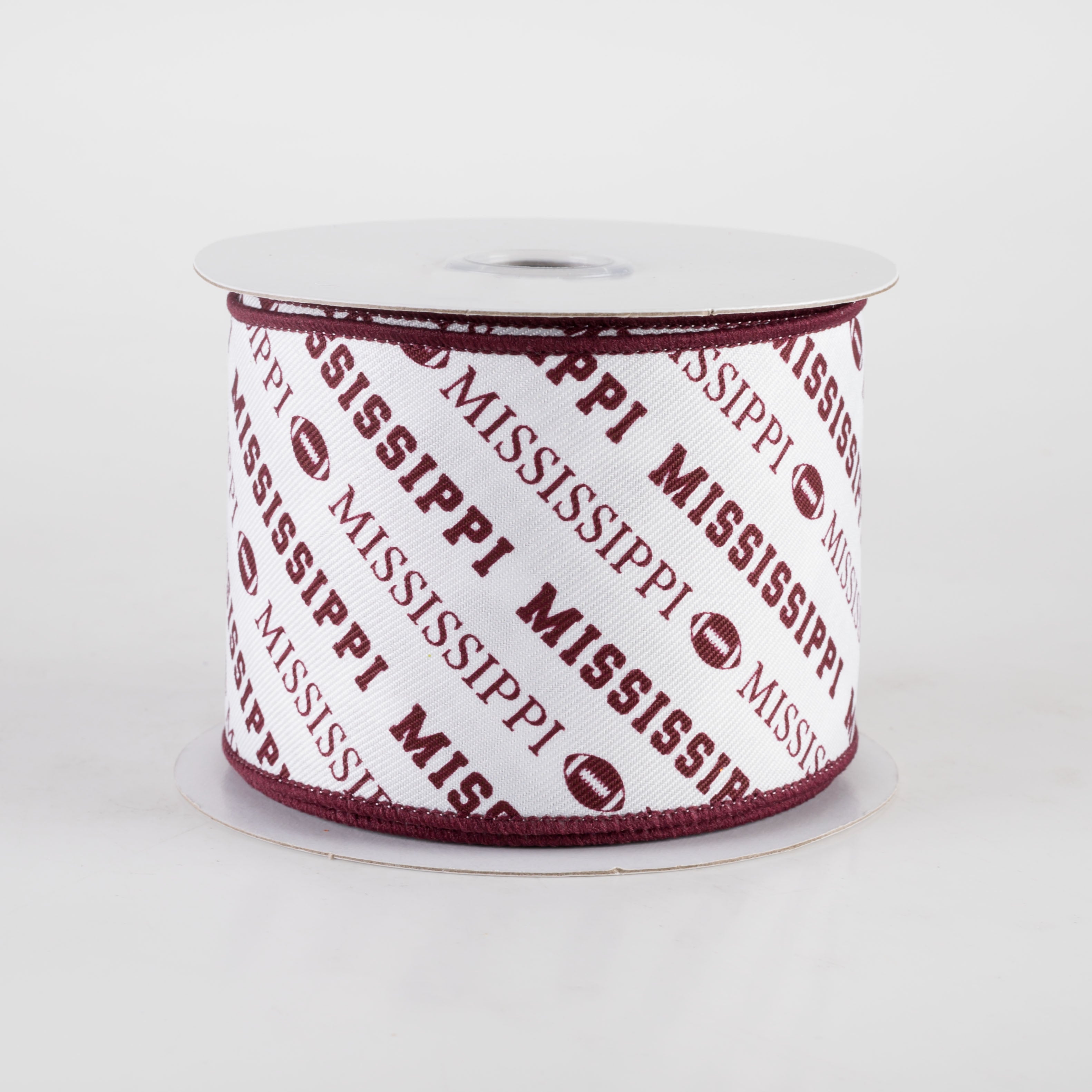 2.5" Mississippi Diagonal Football Pattern Ribbon: Maroon & White (10 Yards)