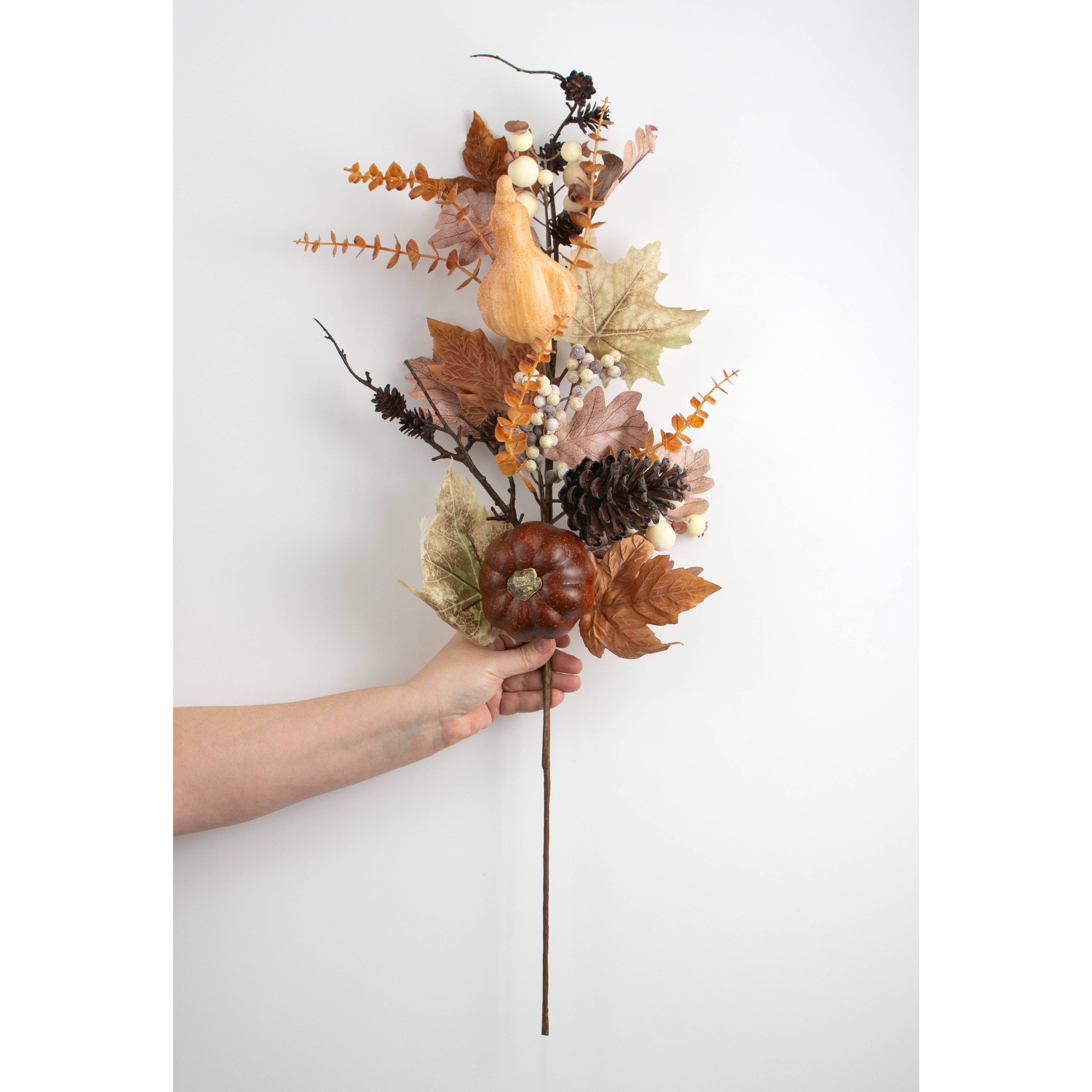 32" Mixed Fall Pumpkins, Leaves & Berries Spray: Brown & Cream detail photo 4